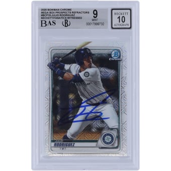 Julio Rodriguez Seattle Mariners Autographed 2020 Bowman Chrome Prospects Mega Box Refractor #BCP-19 Beckett Fanatics Witnessed Authenticated 9/10 Card