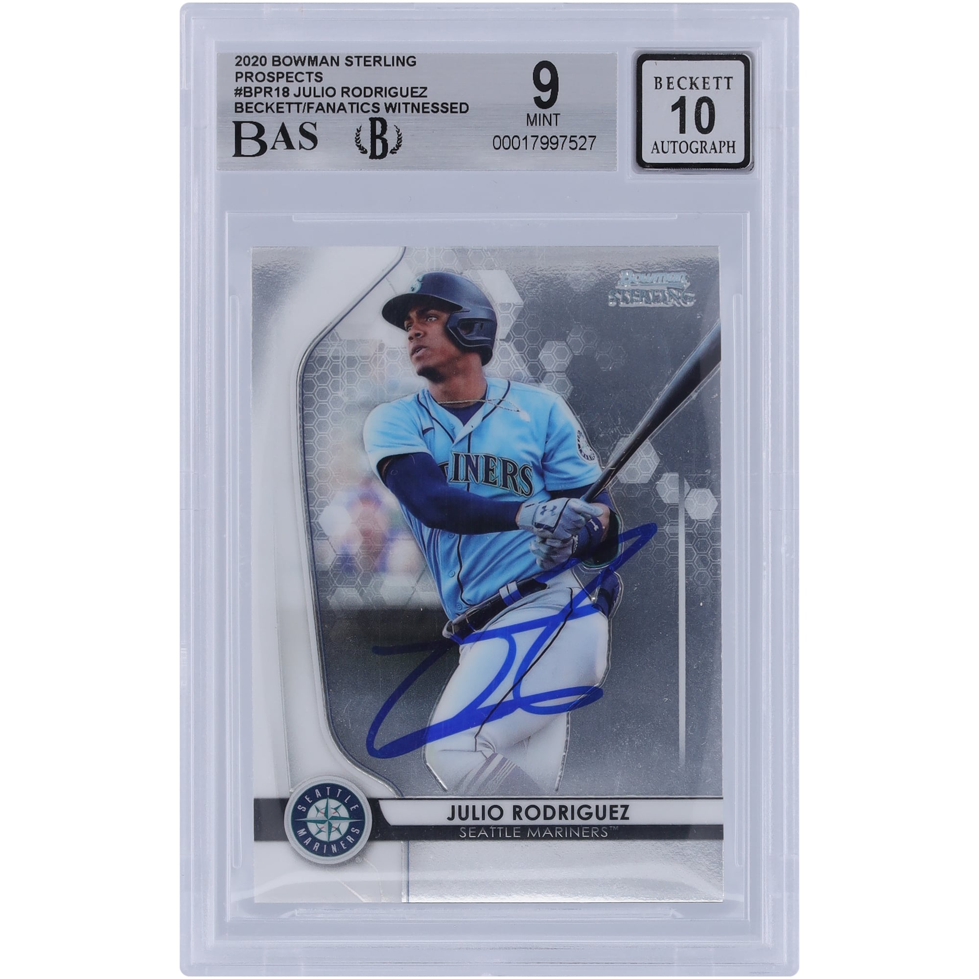 Julio Rodriguez Seattle Mariners Autographed 2020 Bowman Sterling #BPR-18 Beckett Fanatics Witnessed Authenticated 9/10 Card