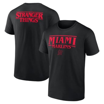 Men's Black Miami Marlins Stranger Things Logo Lockup T-Shirt