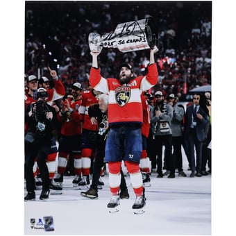 Aaron Ekblad Florida Panthers Autographed 2025 Stanley Cup Champions 16" x 20" Raising Cup Photograph with "2025 SC Champs" Inscription
