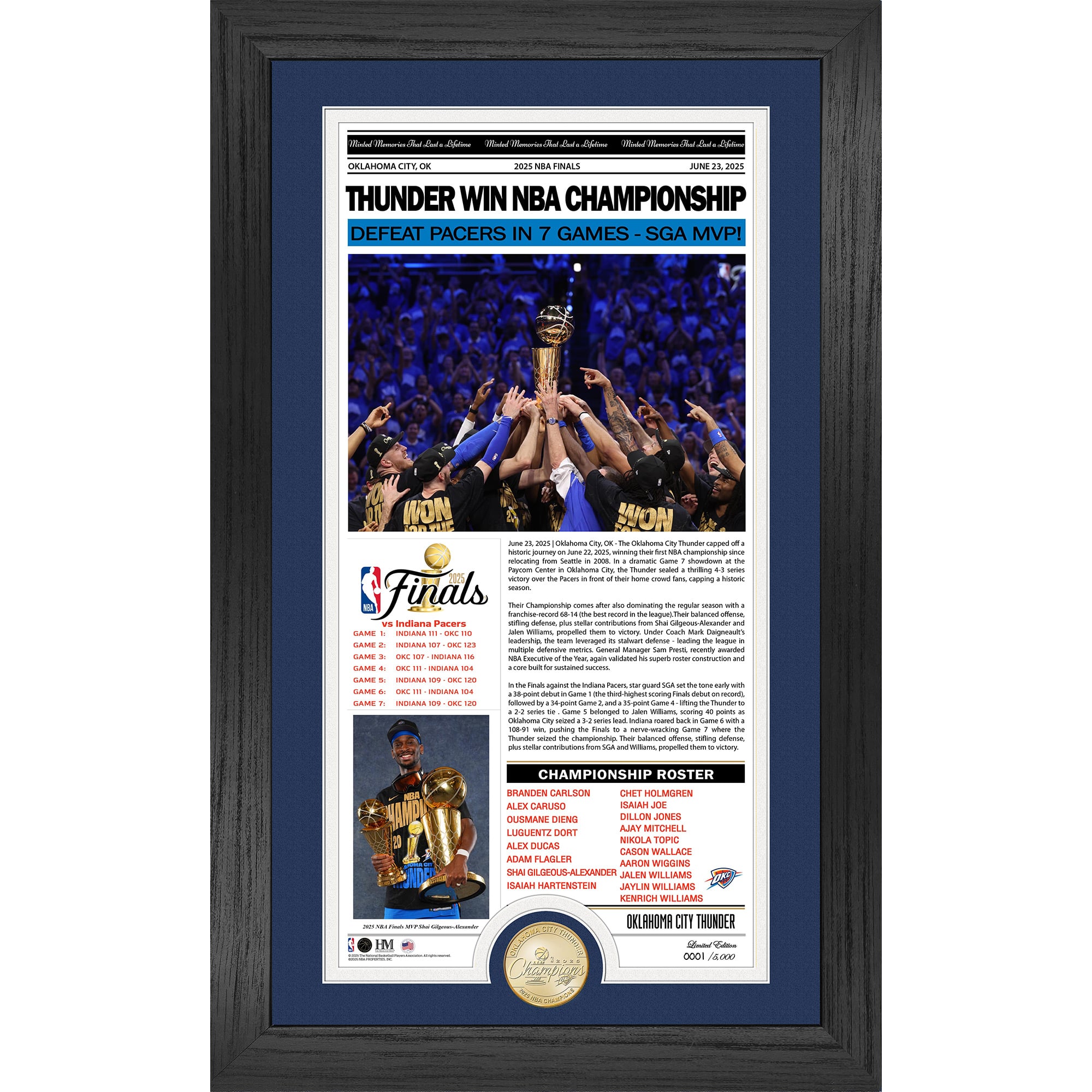 Highland Mint Oklahoma City Thunder 2025 NBA Finals Champions 12" x 20" Front Page News Cover Bronze Coin Photo Mint