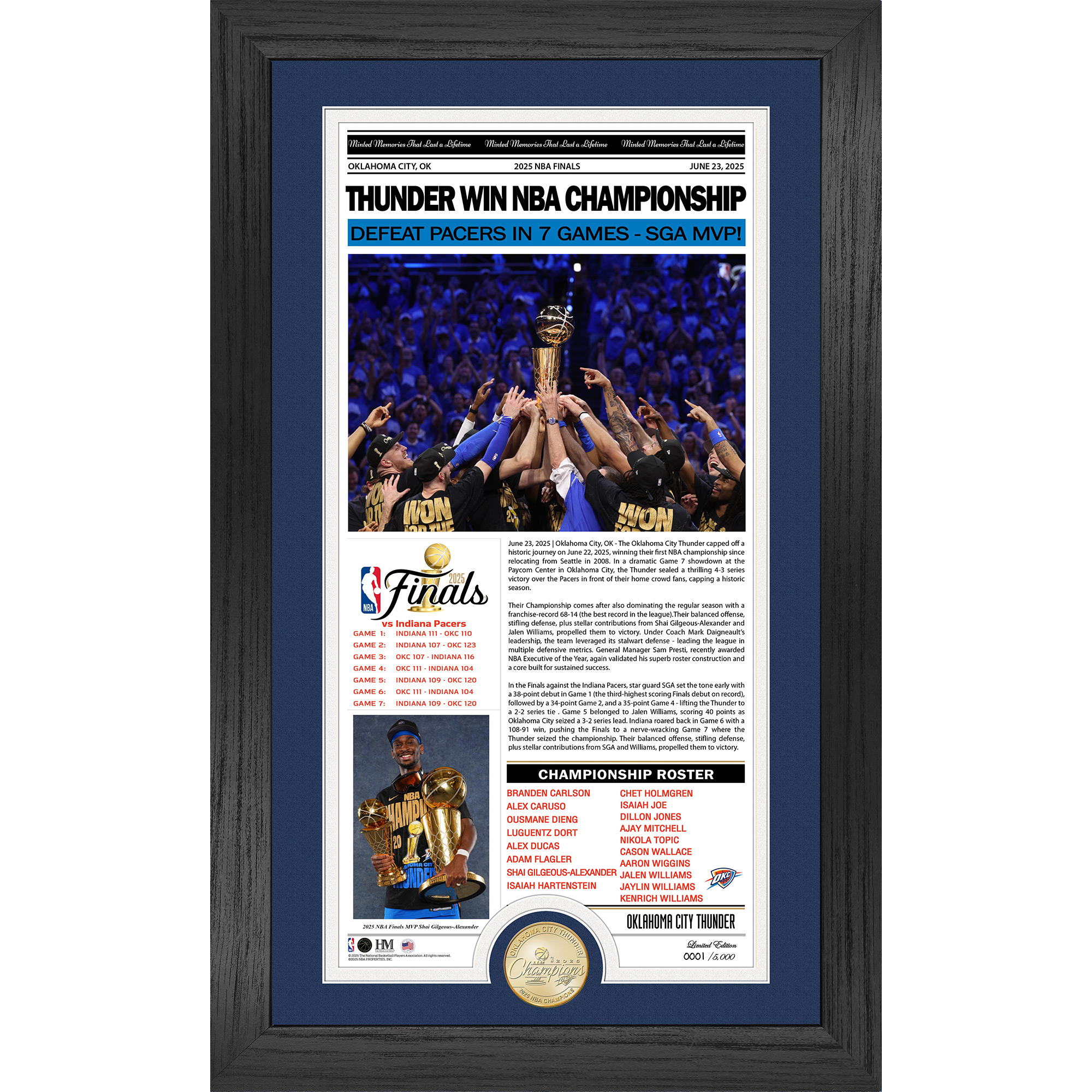 Highland Mint Oklahoma City Thunder 2025 NBA Finals Champions 12" x 20" Front Page News Cover Bronze Coin Photo Mint