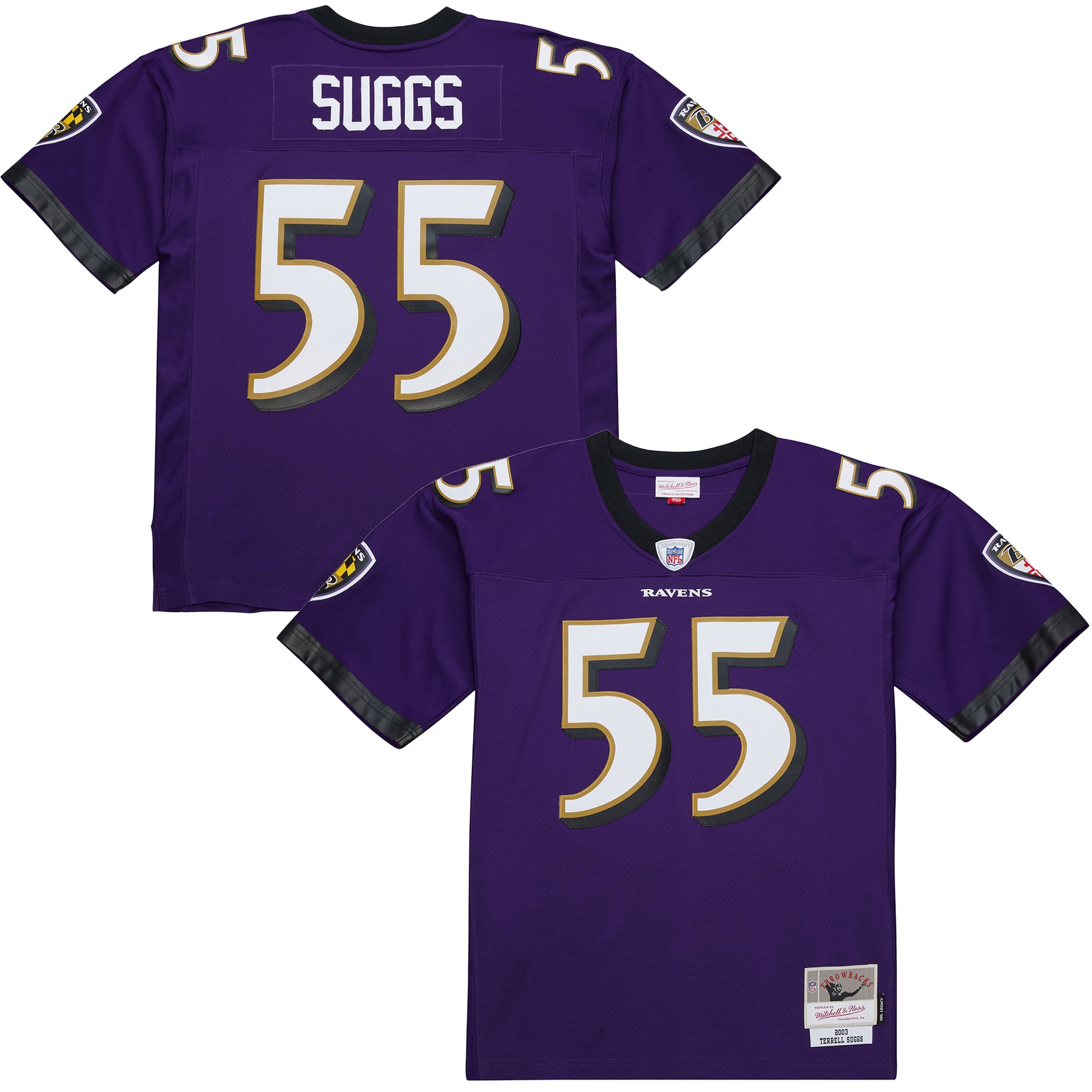 Maglia da uomo Mitchell & Ness Terrell Suggs viola Baltimore Ravens 2003 Legacy Replica