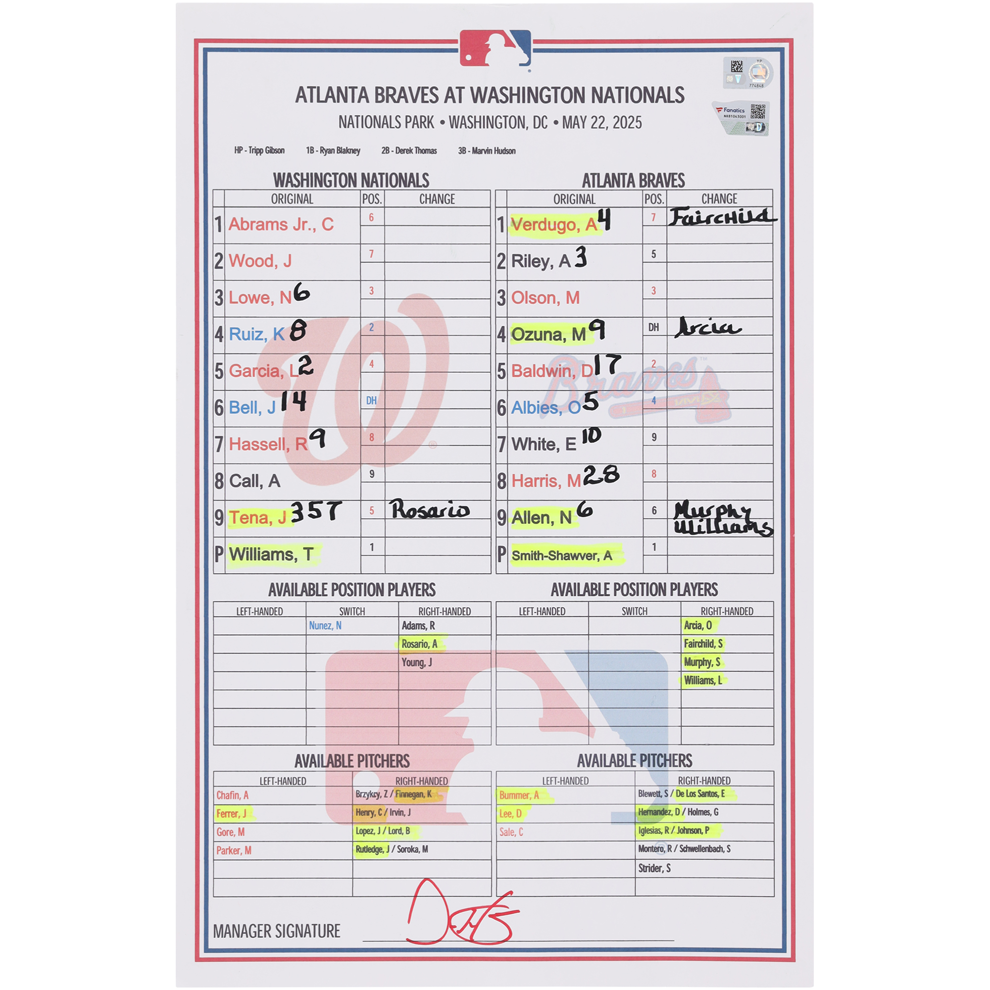 Washington Nationals Game-Used Lineup Card vs. Atlanta Braves on May 22, 2025