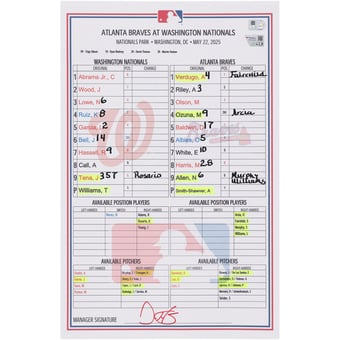 Washington Nationals Game-Used Lineup Card vs. Atlanta Braves on May 22, 2025