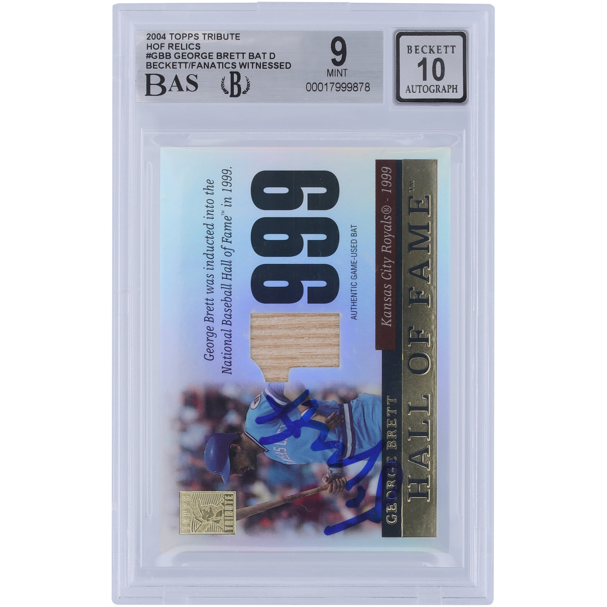 George Brett Kansas City Royals Autographed 2004 Topps Tribute Hall of Fame Bat Relic #TR-GBB Beckett Fanatics Witnessed Authenticated 9/10 Card. rookie card picture