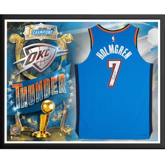Chet Holmgren Oklahoma City Thunder Autographed 2025 NBA Finals Champions Framed Nike Blue Icon Authentic Jersey Collage
