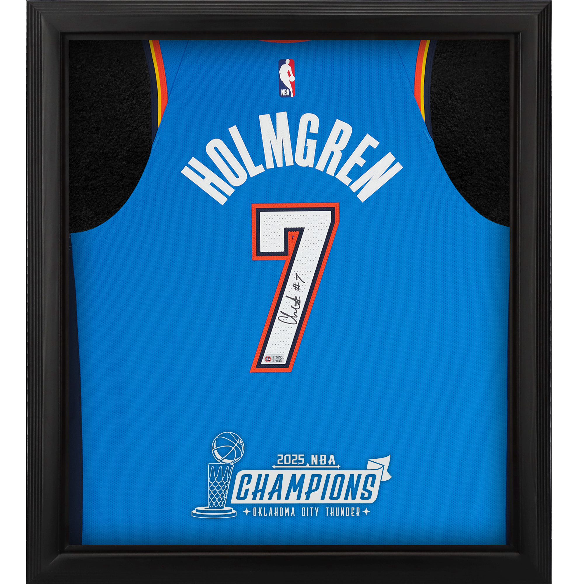Chet Holmgren Oklahoma City Thunder Autographed Nike Blue Icon Authentic Jersey Shadowbox with 2025 NBA Finals Champions Logo