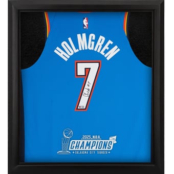 Chet Holmgren Oklahoma City Thunder Autographed Nike Blue Icon Authentic Jersey Shadowbox with 2025 NBA Finals Champions Logo