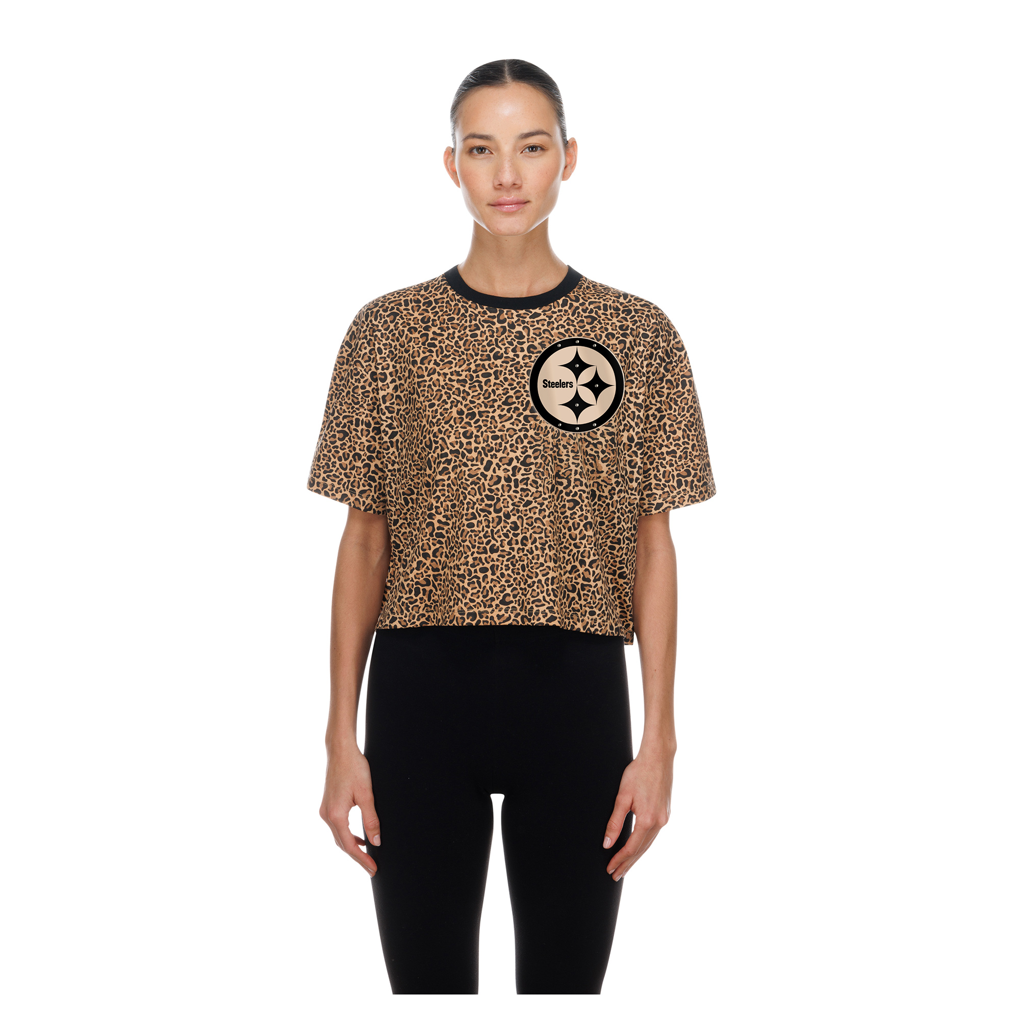 Women's New Era  Brown Pittsburgh Steelers Mom & Me Leopard Boxy Cropped T-Shirt