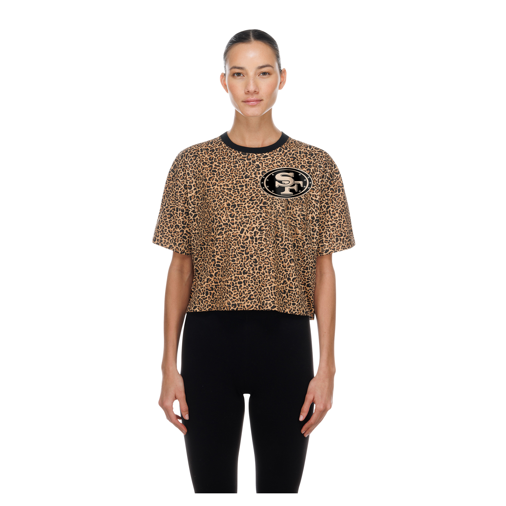 Women's New Era  Brown San Francisco 49ers Mom & Me Leopard Boxy Cropped T-Shirt