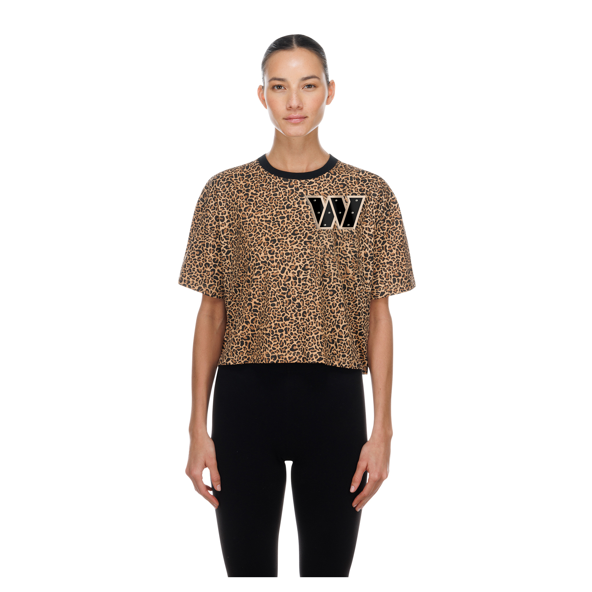 Women's New Era Brown Washington Commanders Mom & Me Leopard Boxy Cropped T-Shirt