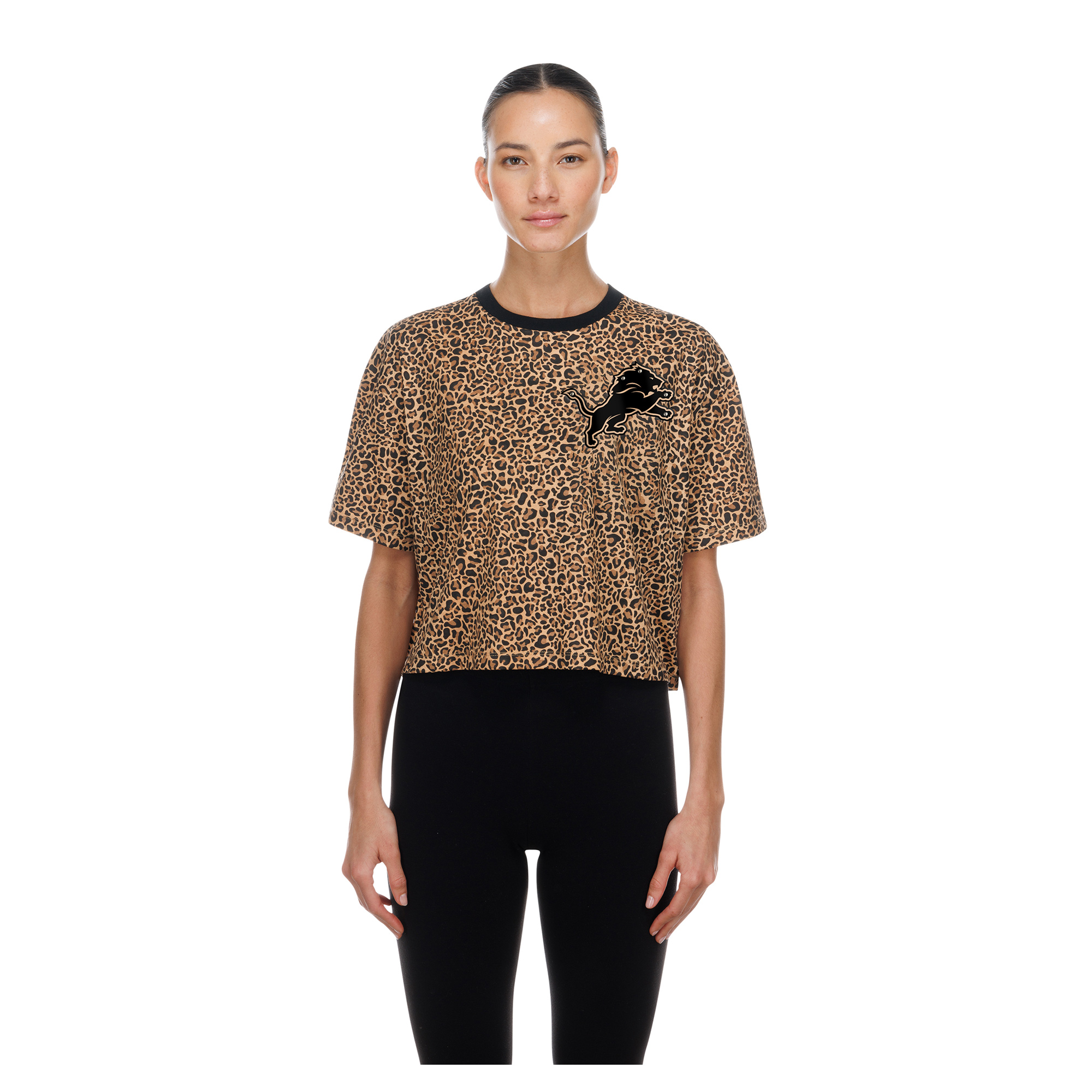 Women's New Era  Brown Detroit Lions Mom & Me Leopard Boxy Cropped T-Shirt