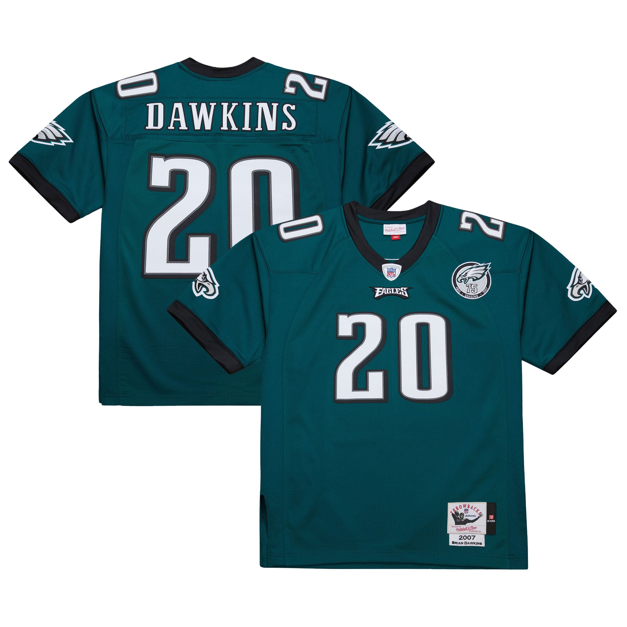 Maillot Mitchell & Ness Brian Dawkins vert des Eagles de Philadelphie, édition 2007, authentique et rétro, porté par un joueur retraité.
