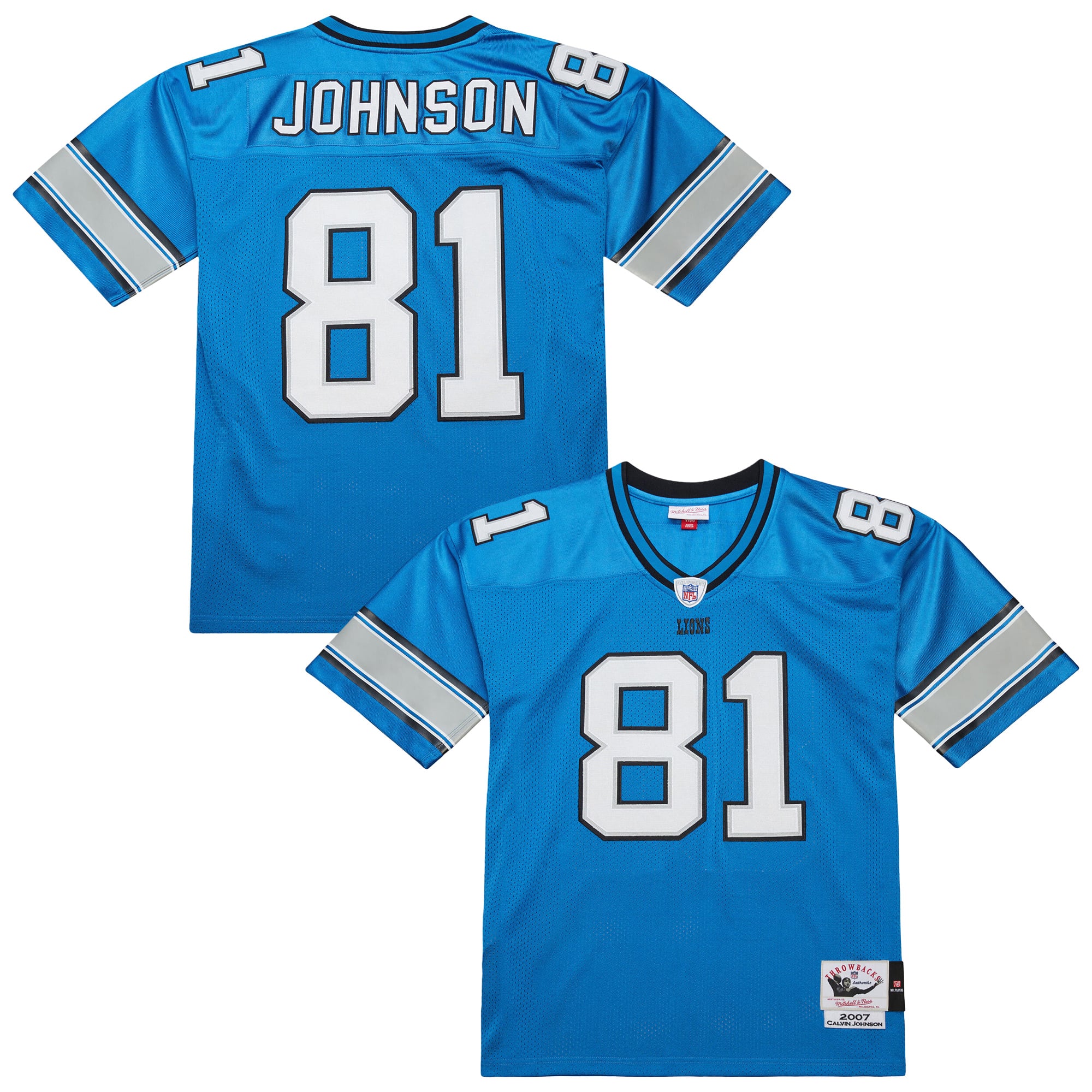 Camiseta retro auténtica de jugador retirado Mitchell & Ness Calvin Johnson azul de los Detroit Lions 2007 para hombre