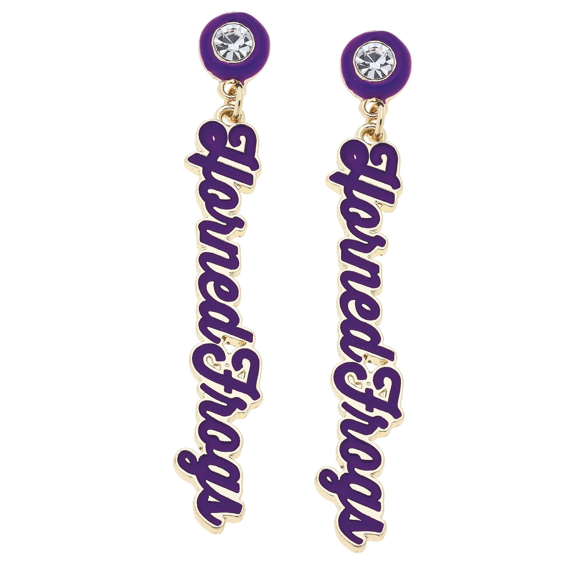CANVAS Style TCU Horned Frogs 18k Gold-Plated Rhinestone Drop Script Earrings