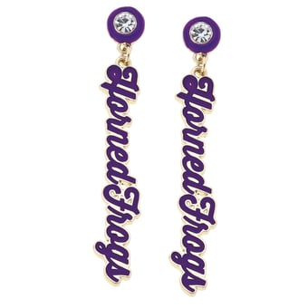 CANVAS Style TCU Horned Frogs 18k Gold-Plated Rhinestone Drop Script Earrings