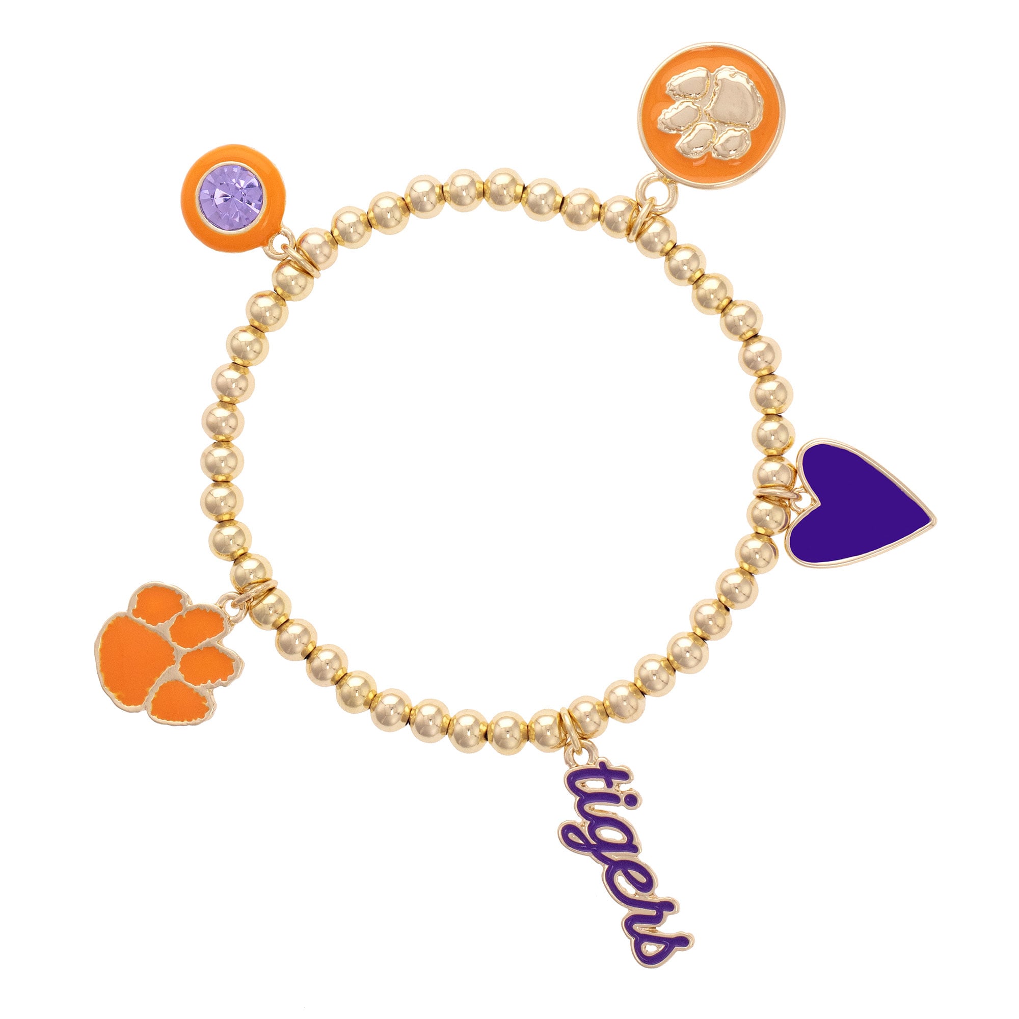 CANVAS Style Clemson Tigers 18k Gold-Plated Ball Beads Stretch Charm Bracelet