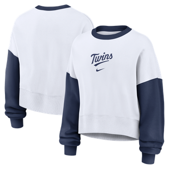 Women's Nike White/Navy Minnesota Twins Oversized High Hip Fleece Sweatshirt