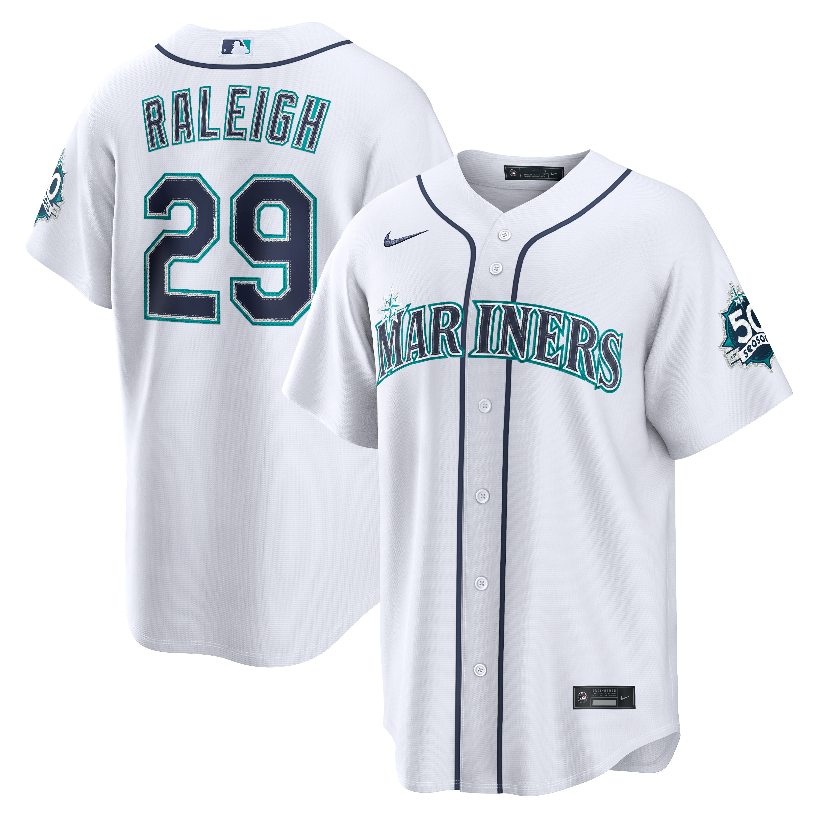 Men's Nike Cal Raleigh White Seattle Mariners Home Stadium 50th Season Patch Jersey