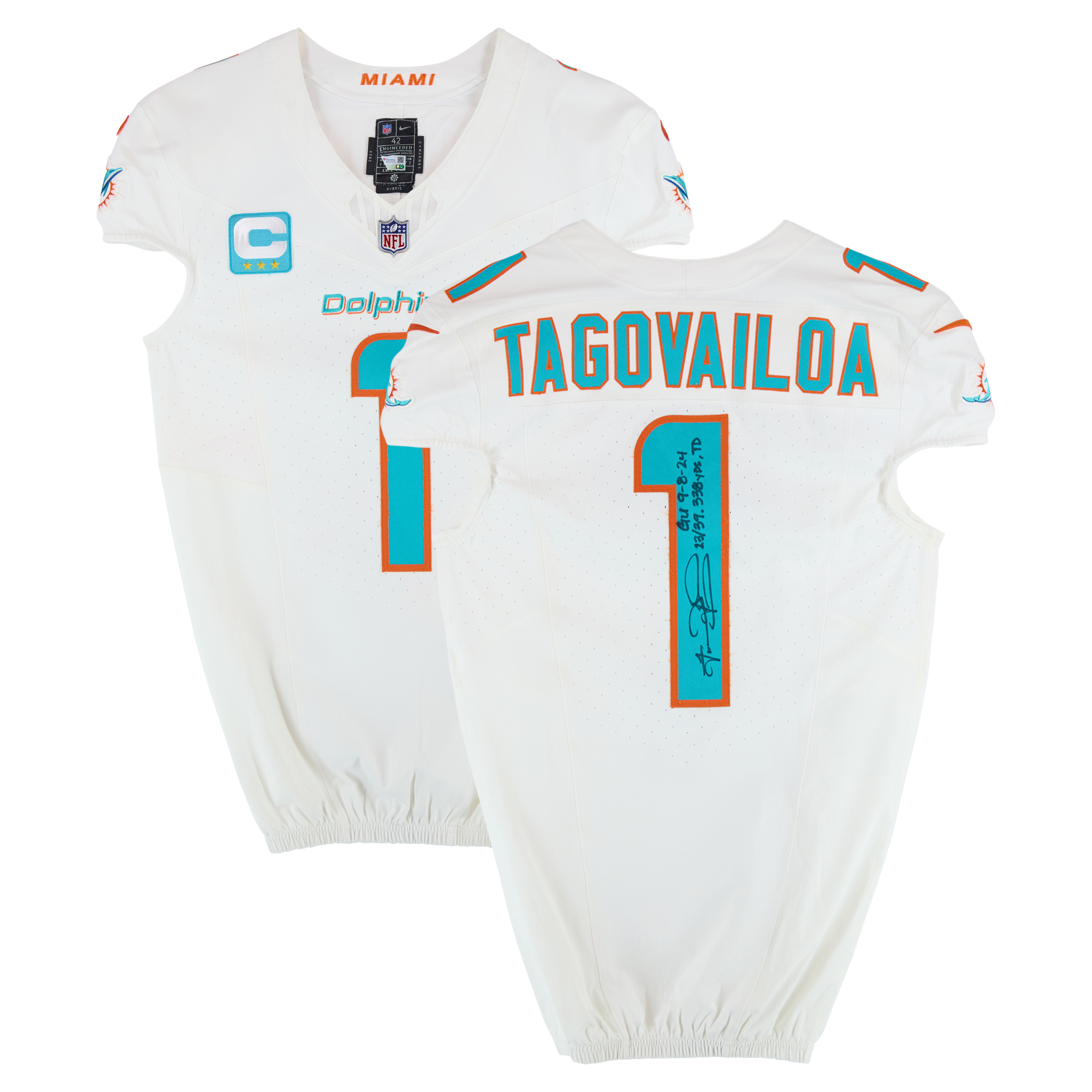 Tua Tagovailoa Miami Dolphins Autographed Game-Used #1 White Nike Jersey vs. Jacksonville Jaguars on September 8, 2024 with Multiple Inscriptions Tua Tagovailoa Miami Dolphins Autographed Game-Used #1 White Nike Jersey vs. Jacksonville Jaguars on September 8, 2024 with Multiple Inscriptions