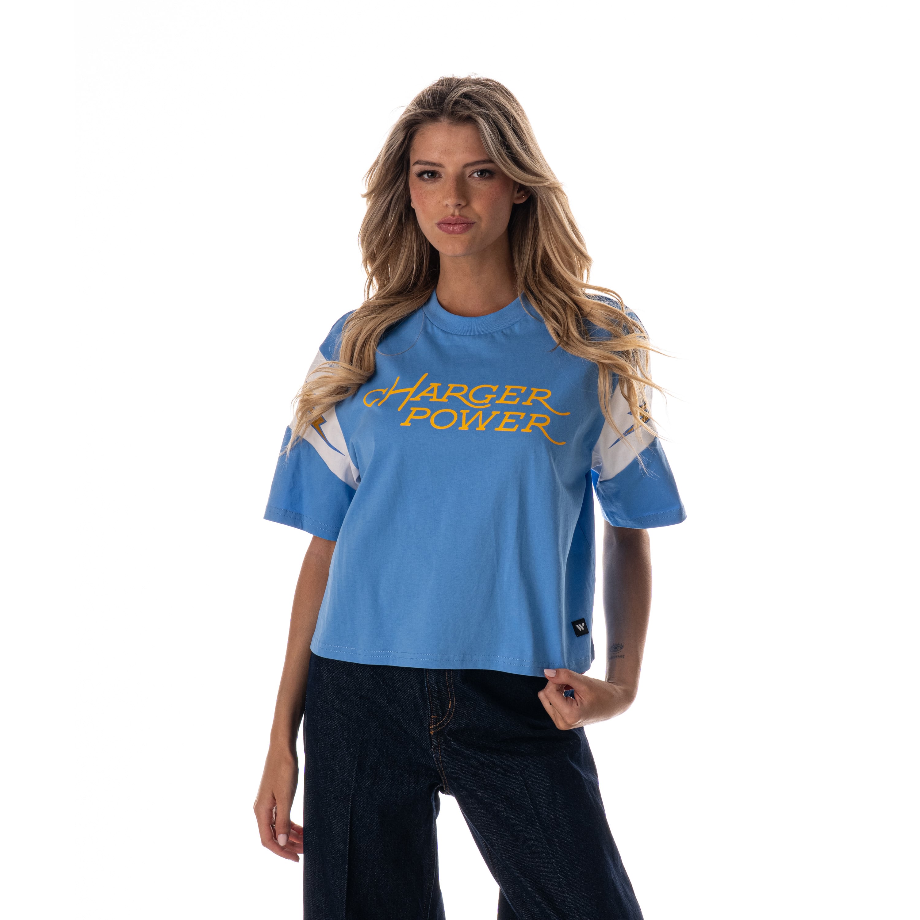 Women's The Wild Collective Powder Blue Los Angeles Chargers Charger Power Contrast Sleeve Insert T-Shirt