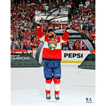 Sam Bennett Florida Panthers Autographed 2025 Stanley Cup Champions 16" x 20" Raising Cup Photograph with "2025 SC Champs" Inscription