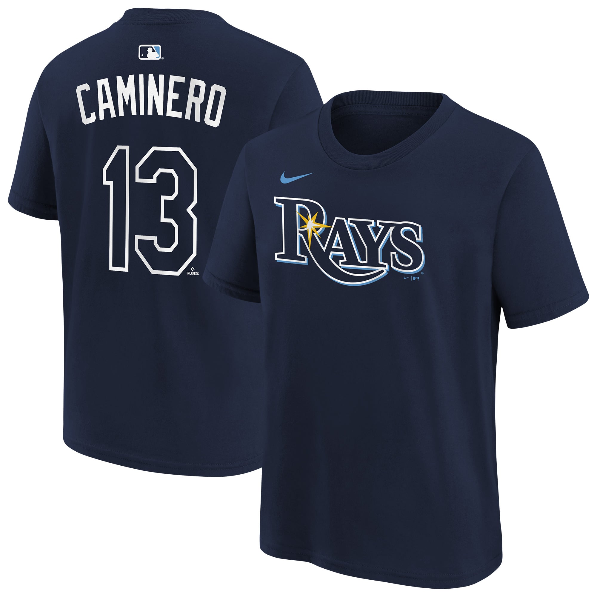 Youth Nike Junior Caminero Navy Tampa Bay Rays Name & Number T-Shirt