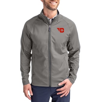 Men's Cutter & Buck Gray Dayton Flyers Primary Logo Adapt Eco Knit Raglan Full-Zip Jacket