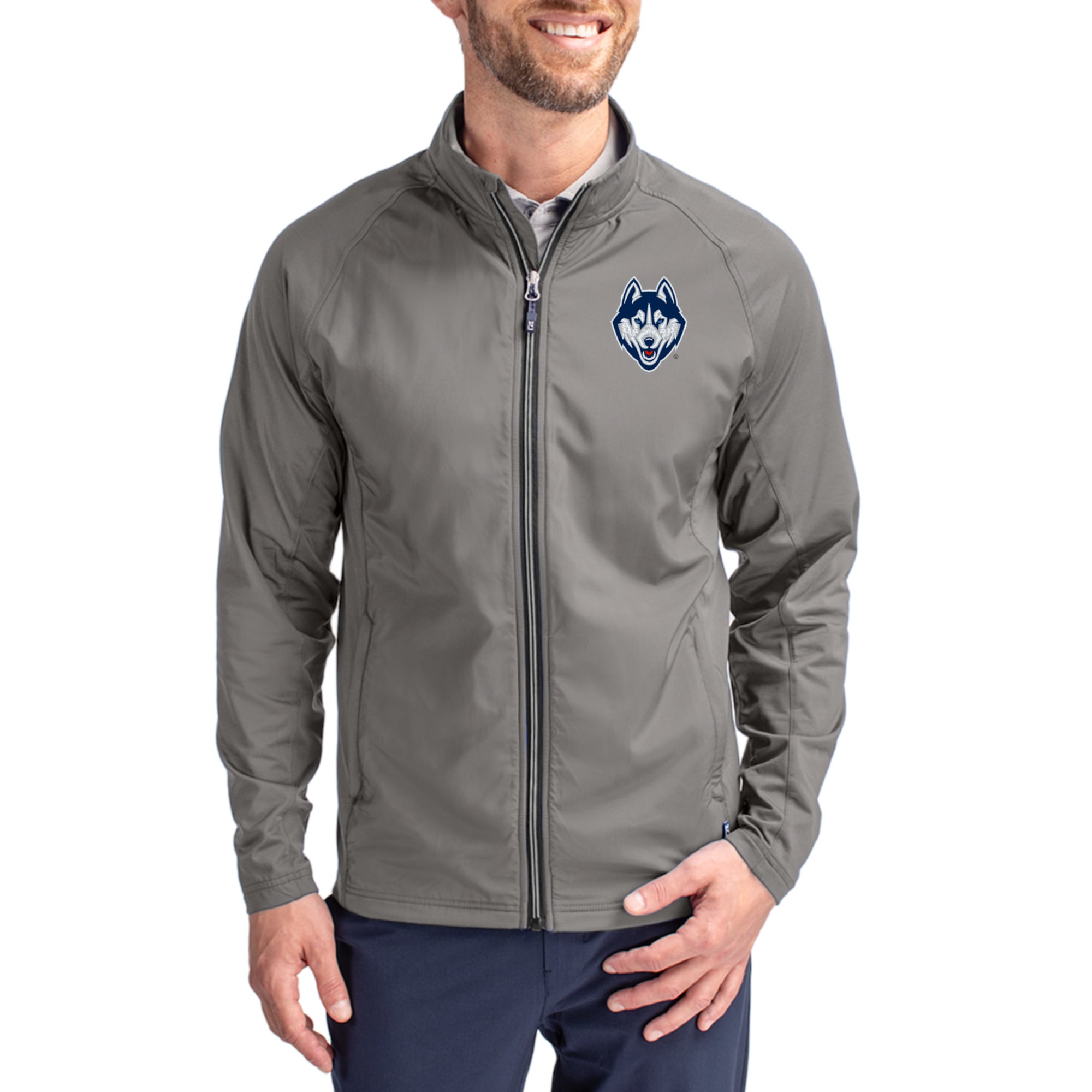 Men's Cutter & Buck Gray UConn Huskies Primary Logo Adapt Eco Knit Raglan Full-Zip Jacket
