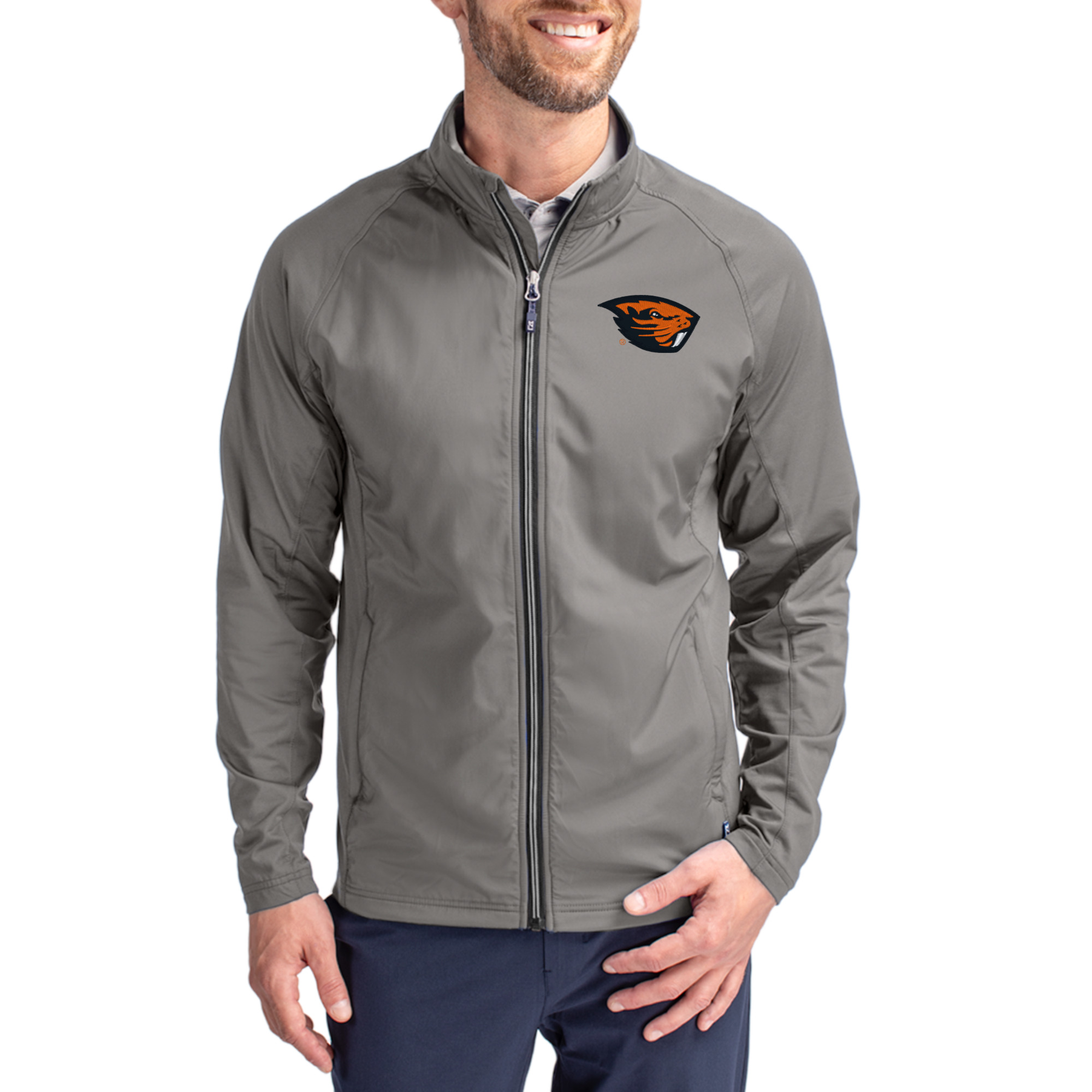 Men's Cutter & Buck Gray Oregon State Beavers Primary Logo Adapt Eco Knit Raglan Full-Zip Jacket