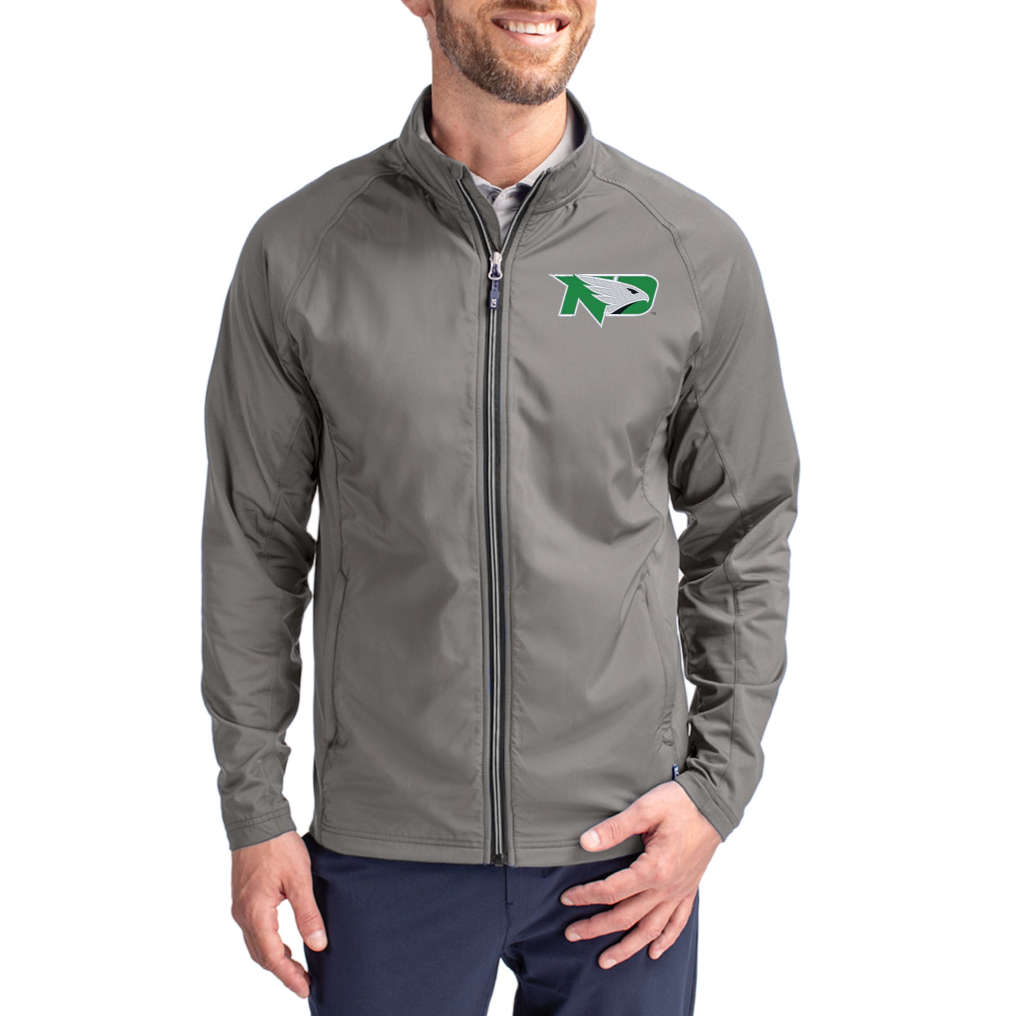 Men's Cutter & Buck Gray North Dakota Primary Logo Adapt Eco Knit Raglan Full-Zip Jacket