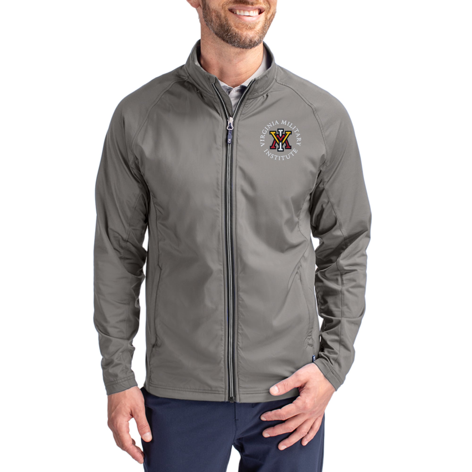 Men's Cutter & Buck Gray Virginia Military Institute Keydets Primary Logo Adapt Eco Knit Raglan Full-Zip Jacket