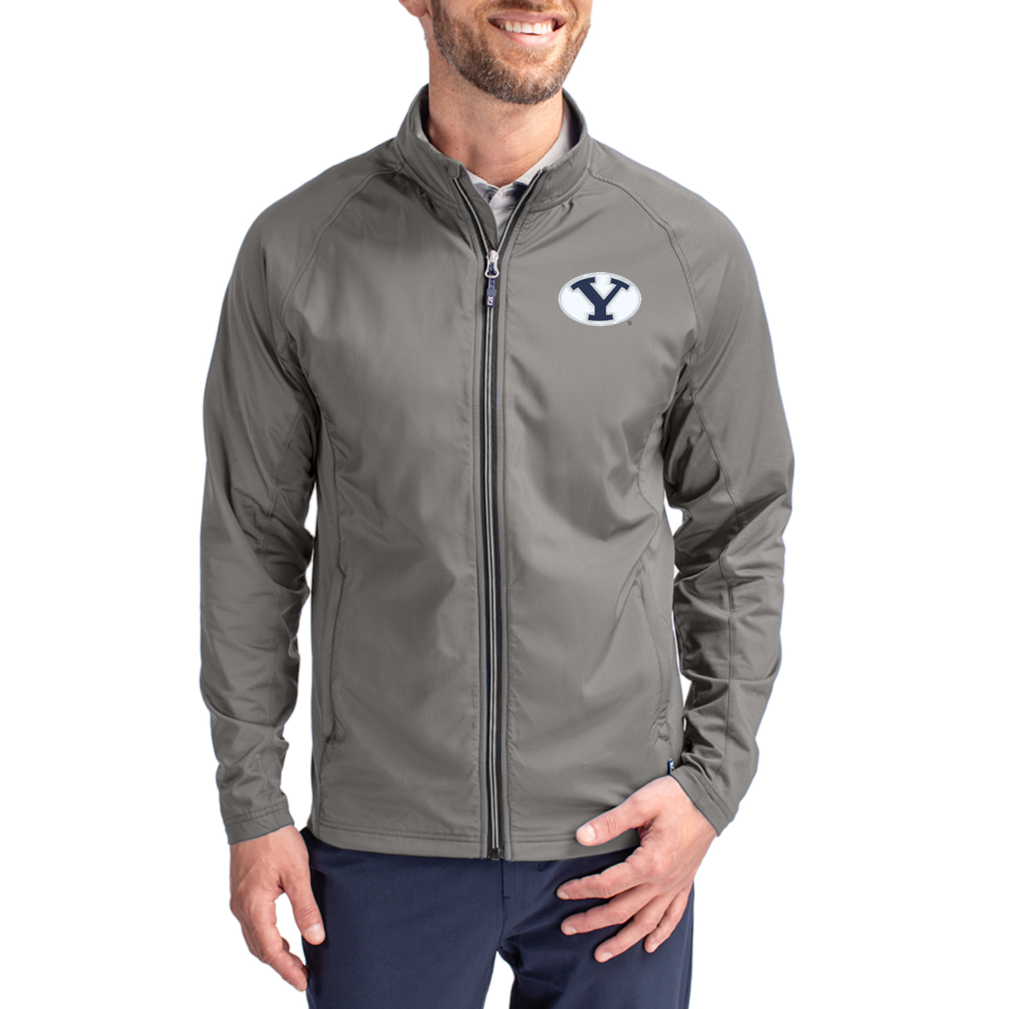 Men's Cutter & Buck Gray BYU Cougars Primary Logo Adapt Eco Knit Raglan Full-Zip Jacket