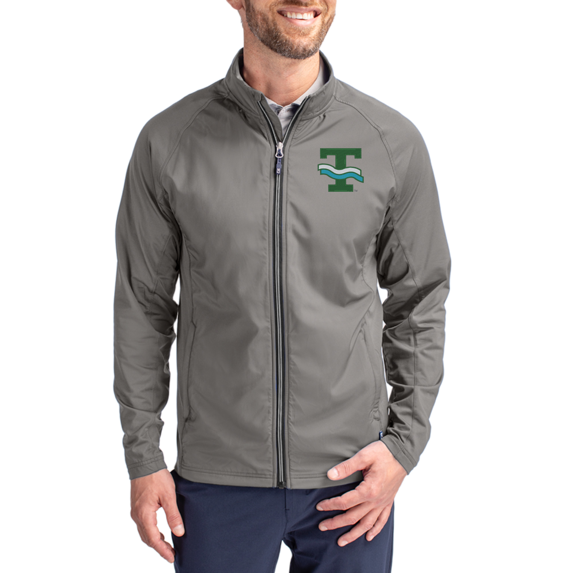 Men's Cutter & Buck Gray Tulane Green Wave Vault Logo Adapt Eco Knit Raglan Full-Zip Jacket