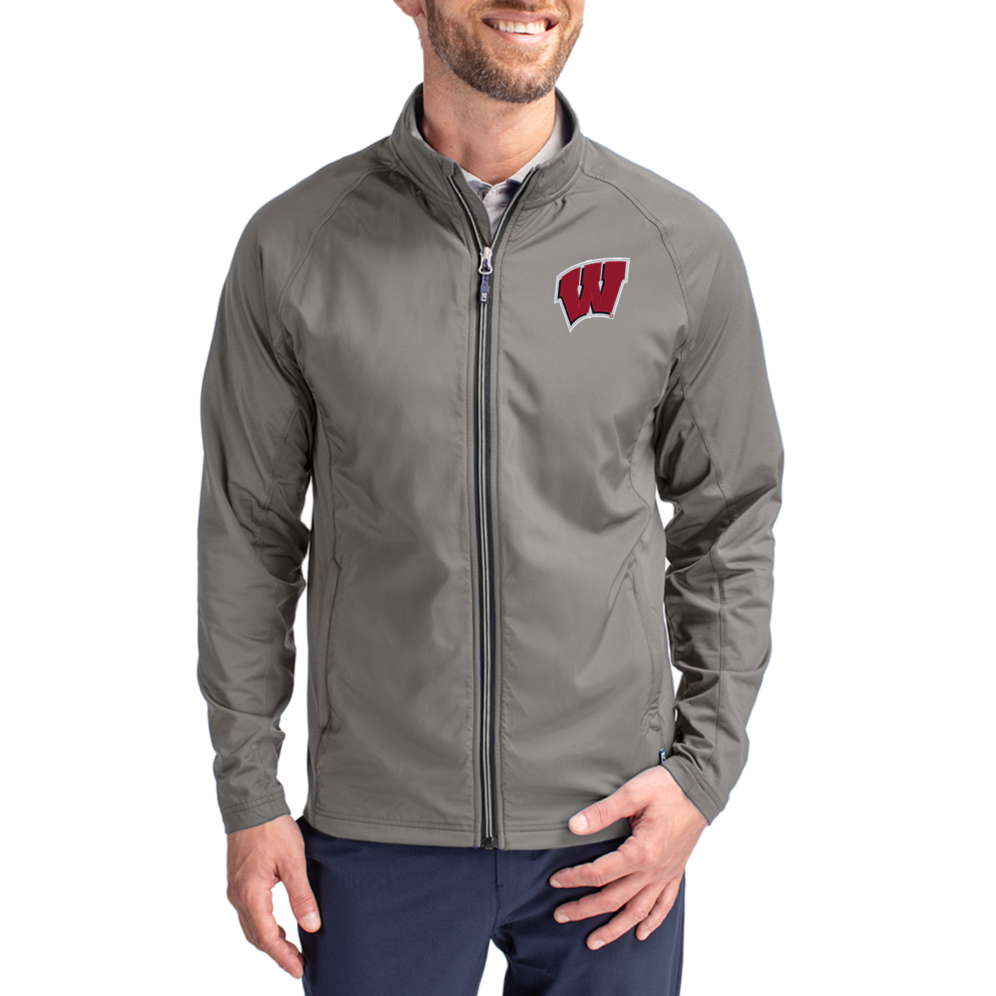 Men's Cutter & Buck Gray Wisconsin Badgers Primary Logo Adapt Eco Knit Raglan Full-Zip Jacket