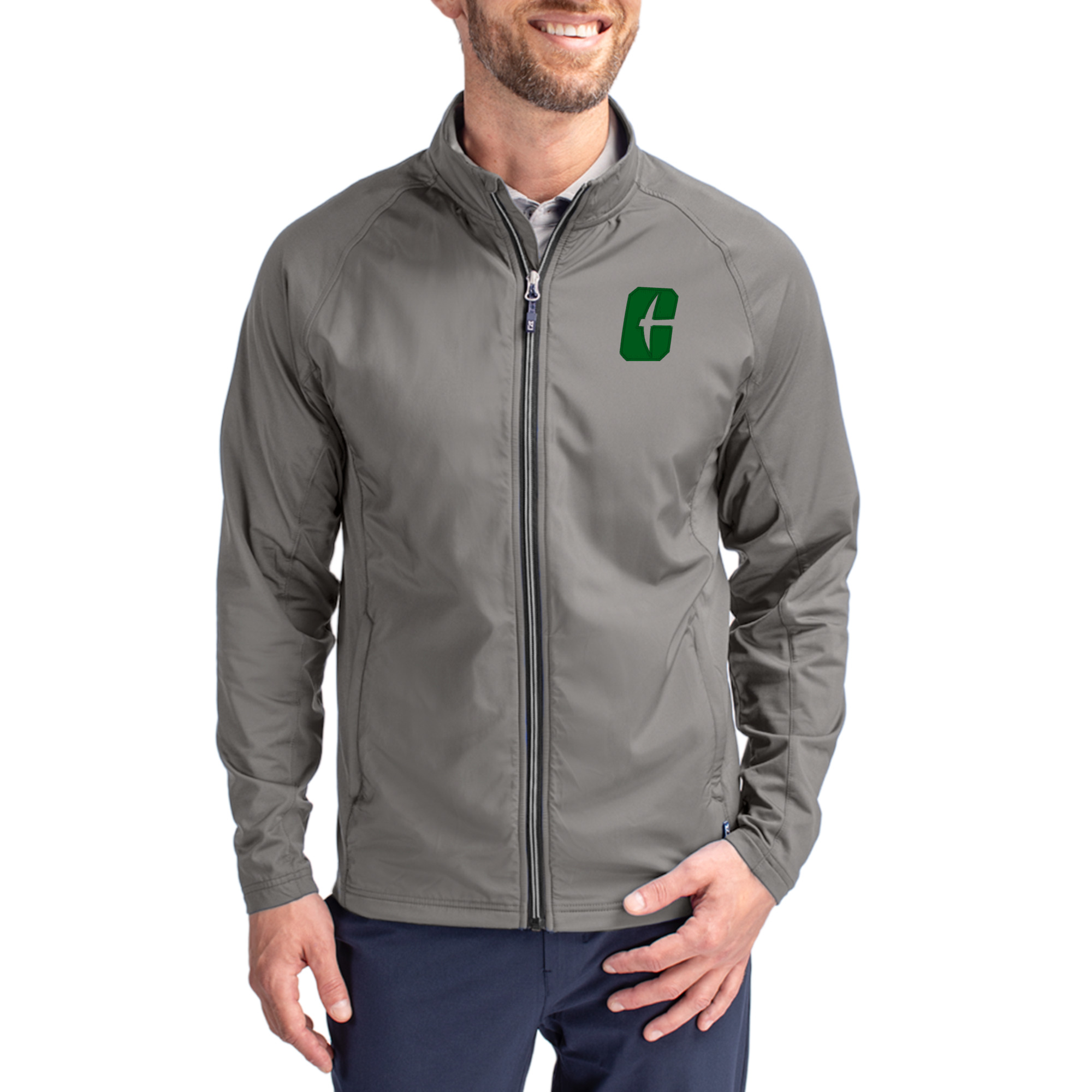 Men's Cutter & Buck Gray Charlotte 49ers Primary Logo Adapt Eco Knit Raglan Full-Zip Jacket
