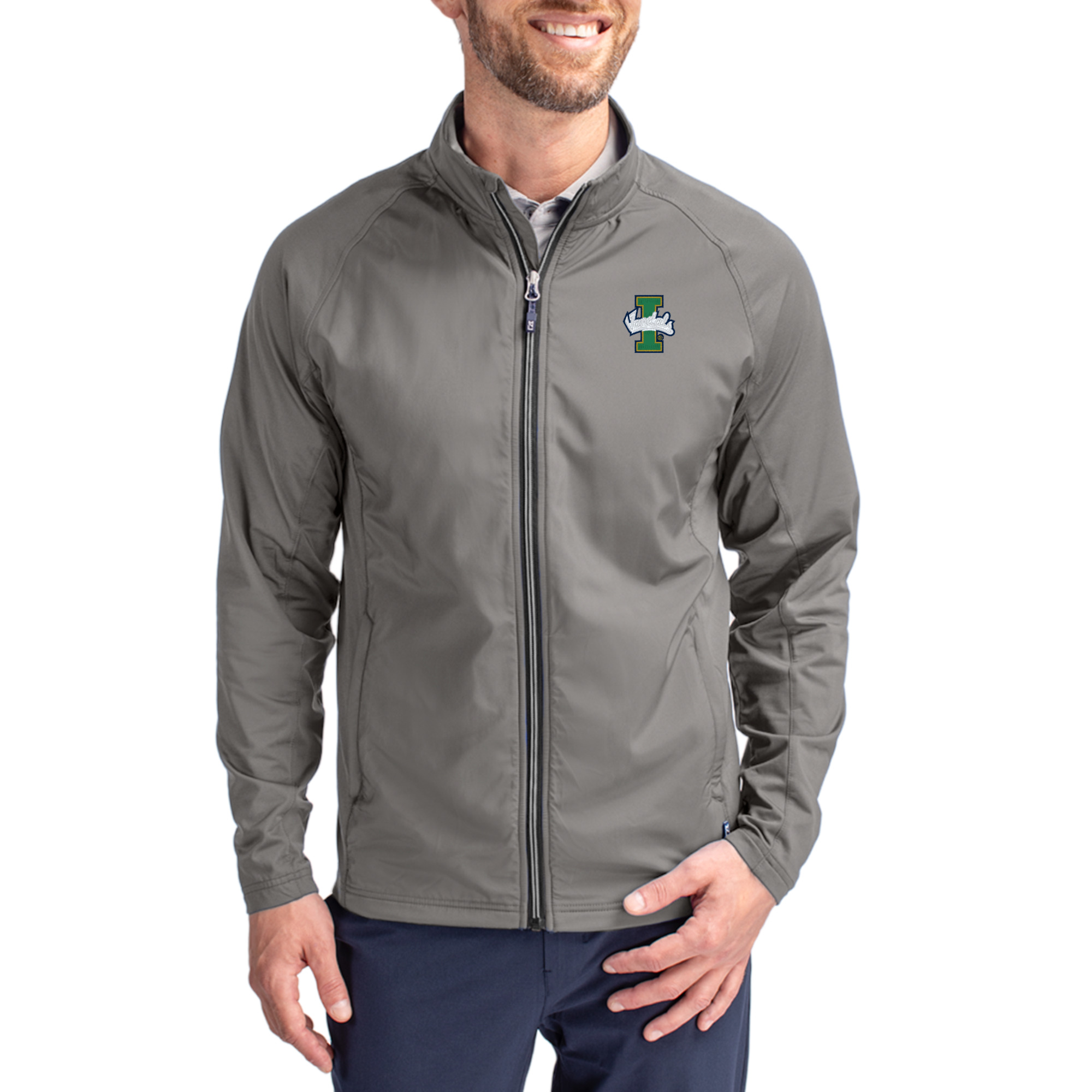 Men's Cutter & Buck Gray Idaho Vandals Primary Logo Adapt Eco Knit Raglan Full-Zip Jacket