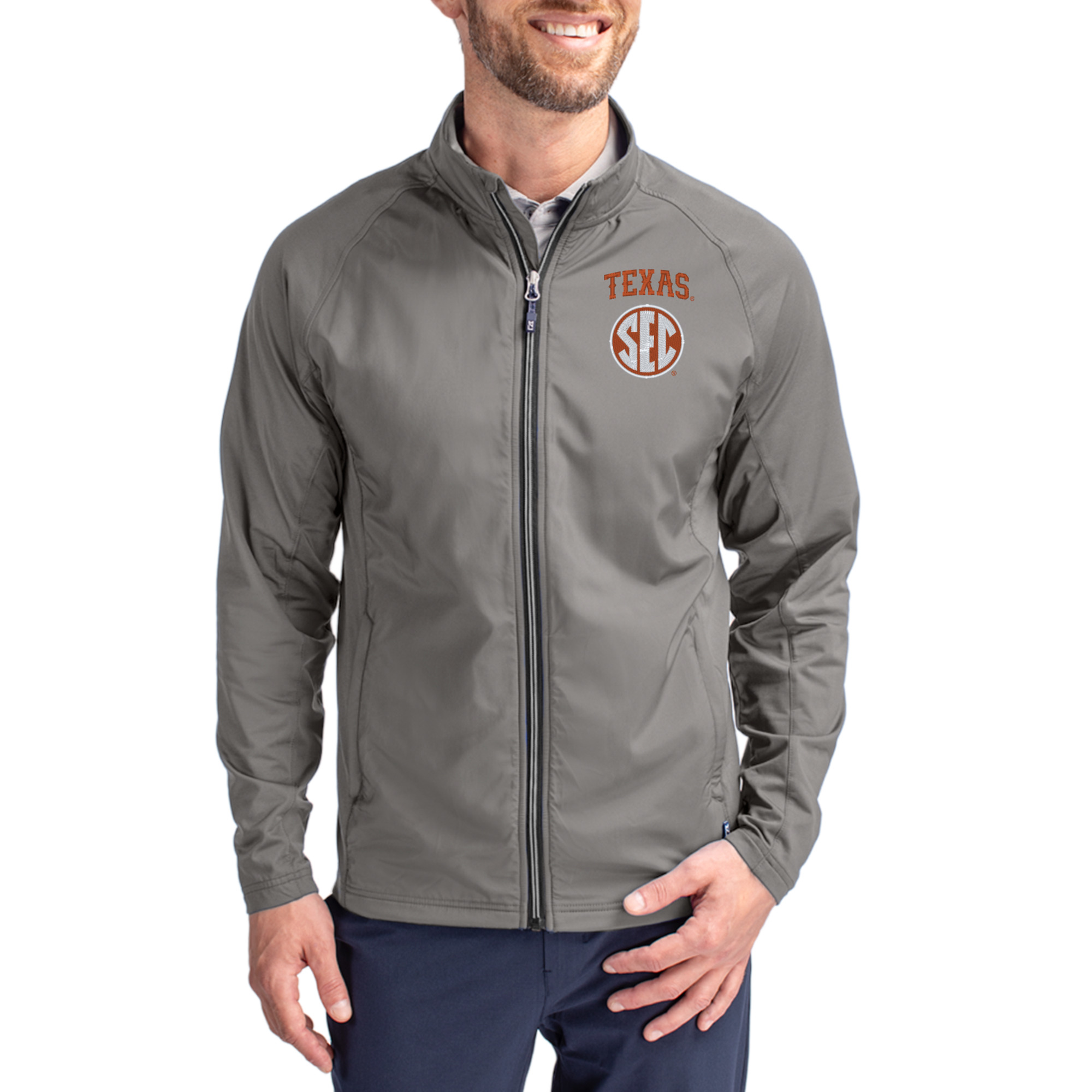 Men's Cutter & Buck Gray Texas Longhorns SEC Logo Adapt Eco Knit Raglan Full-Zip Jacket