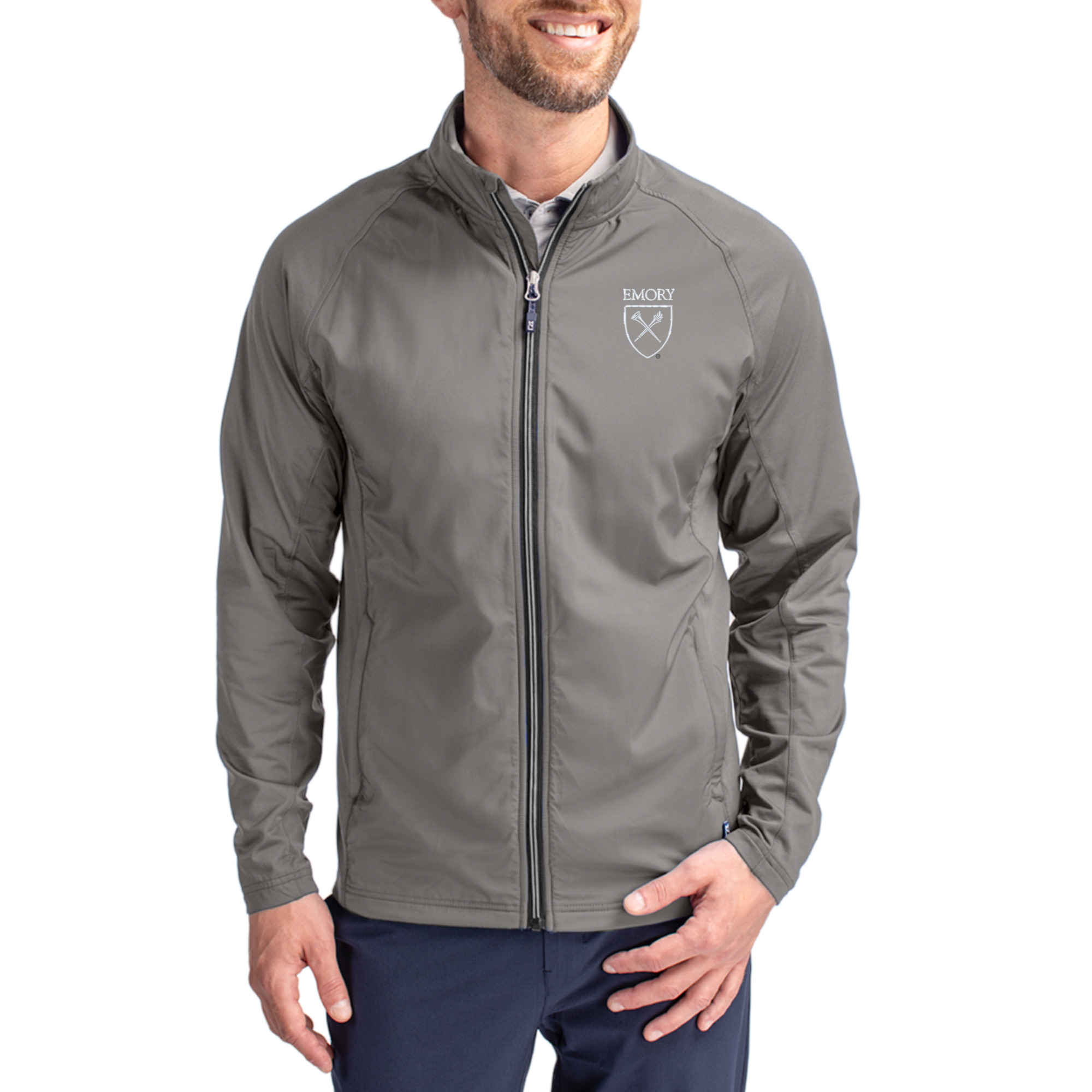Men's Cutter & Buck Gray Emory Eagles Primary Logo Adapt Eco Knit Raglan Full-Zip Jacket