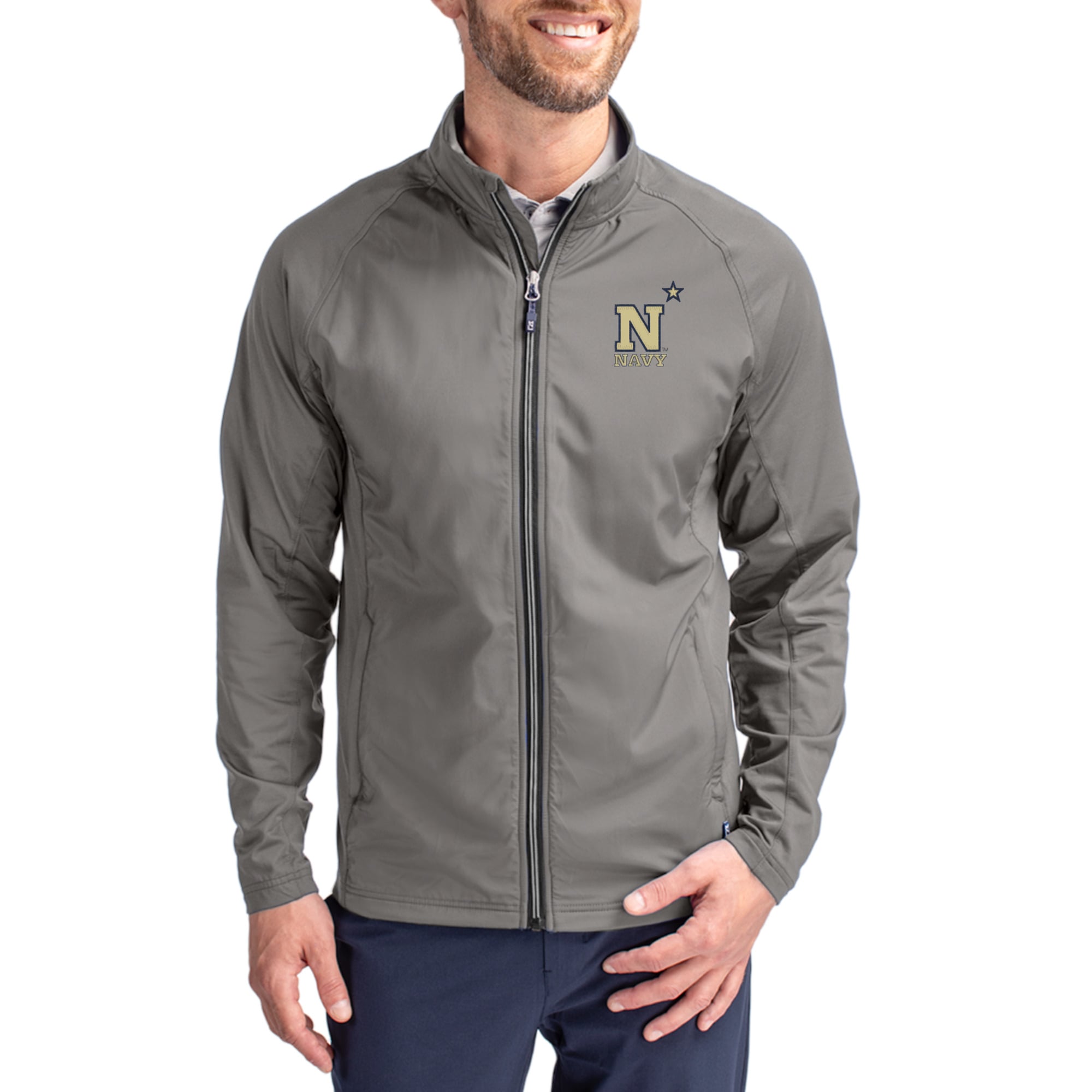 Men's Cutter & Buck Gray Navy Midshipmen Primary Logo Adapt Eco Knit Raglan Full-Zip Jacket
