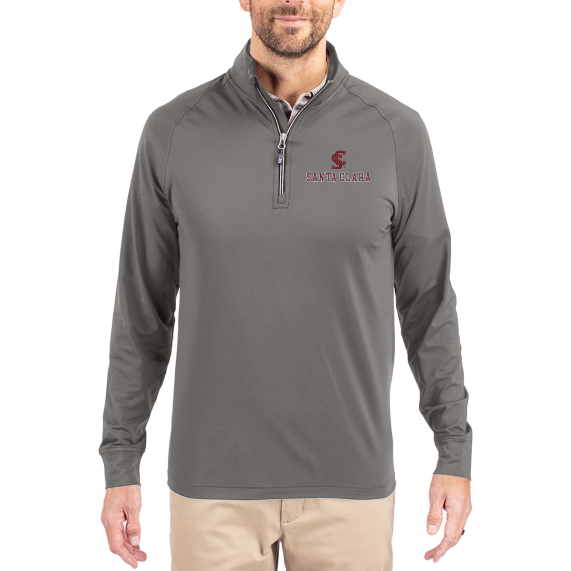 Men's Cutter & Buck Gray Santa Clara Broncos Primary Logo Adapt Eco Knit Stretch Raglan Quarter-Zip Pullover