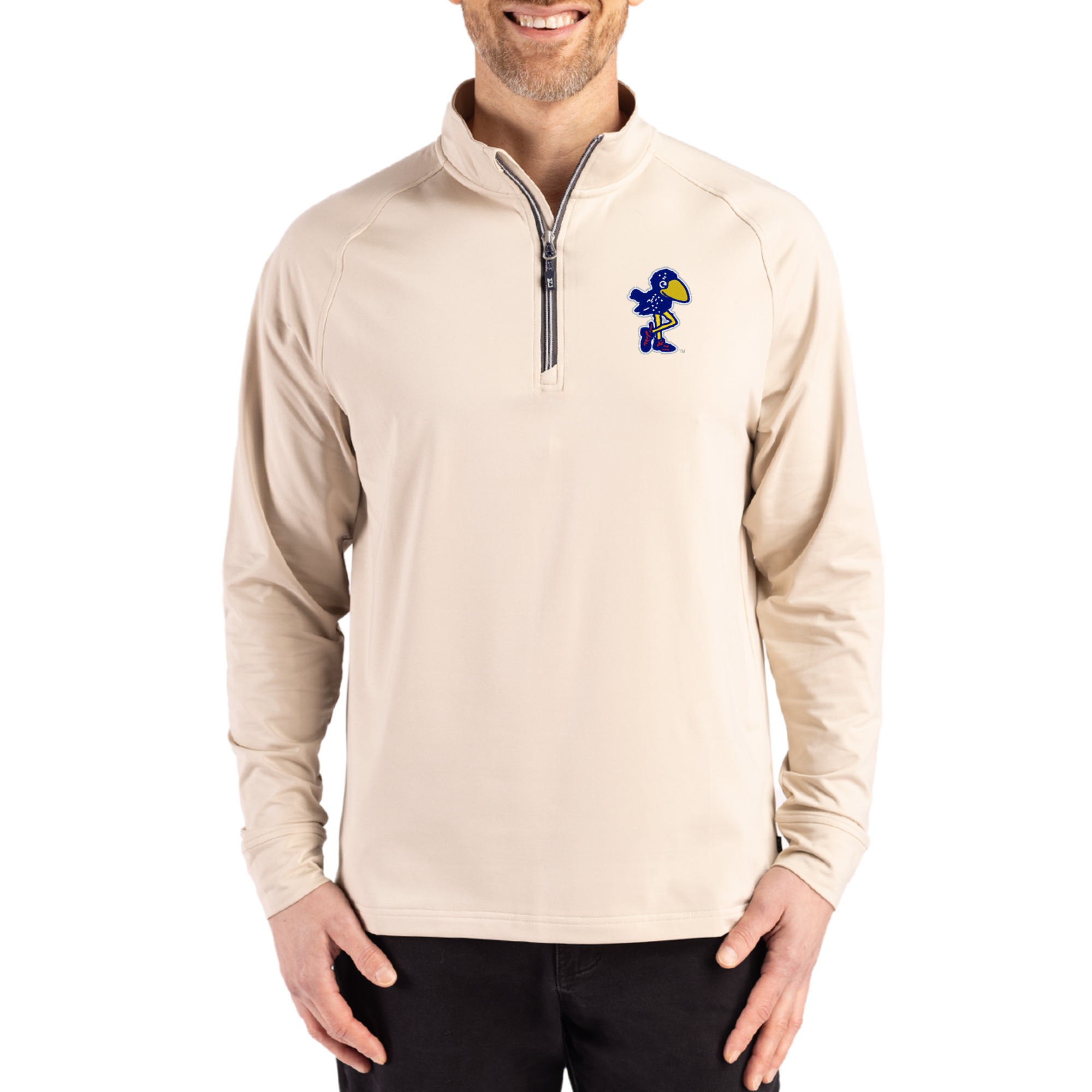 Men's Cutter & Buck Kansas Jayhawks Vault Logo Adapt Eco Knit Stretch Raglan Quarter-Zip Pullover