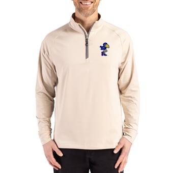 Men's Cutter & Buck Kansas Jayhawks Vault Logo Adapt Eco Knit Stretch Raglan Quarter-Zip Pullover