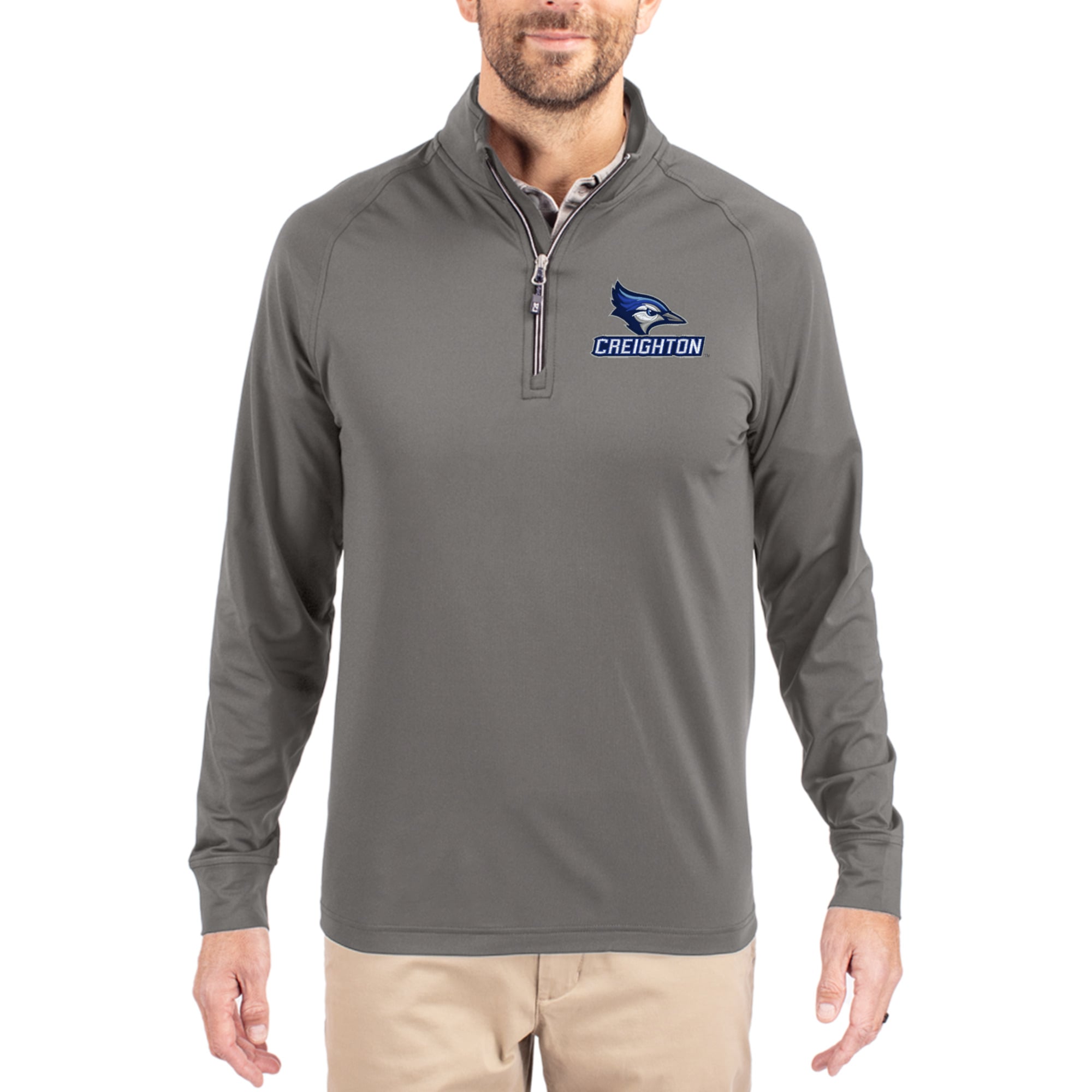 Men's Cutter & Buck Gray Creighton Bluejays Primary Logo Adapt Eco Knit Stretch Raglan Quarter-Zip Pullover