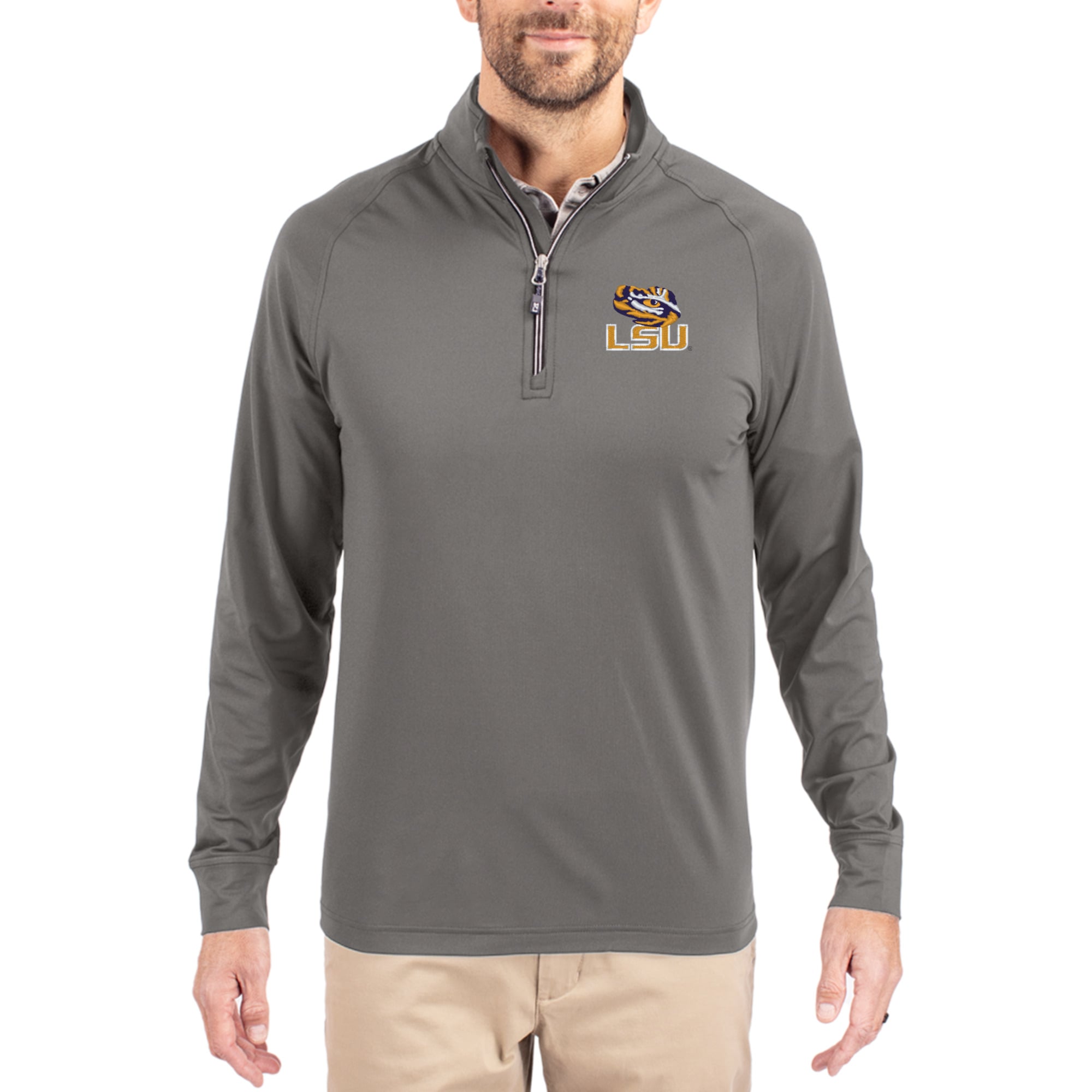 Men's Cutter & Buck Gray LSU Tigers Primary Logo Adapt Eco Knit Stretch Raglan Quarter-Zip Pullover