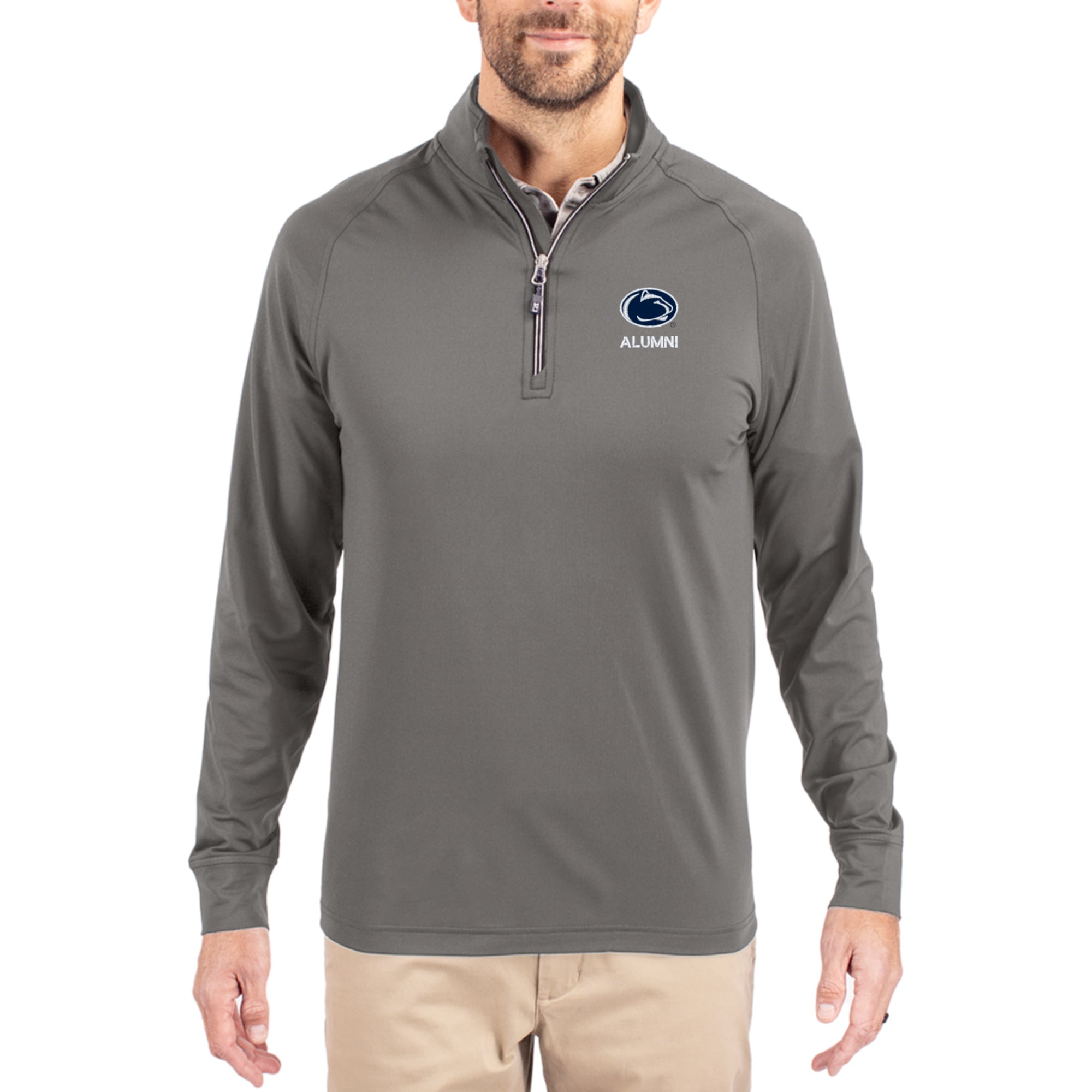 Men's Cutter & Buck Gray Penn State Nittany Lions Alumni Logo Adapt Eco Knit Stretch Raglan Quarter-Zip Pullover