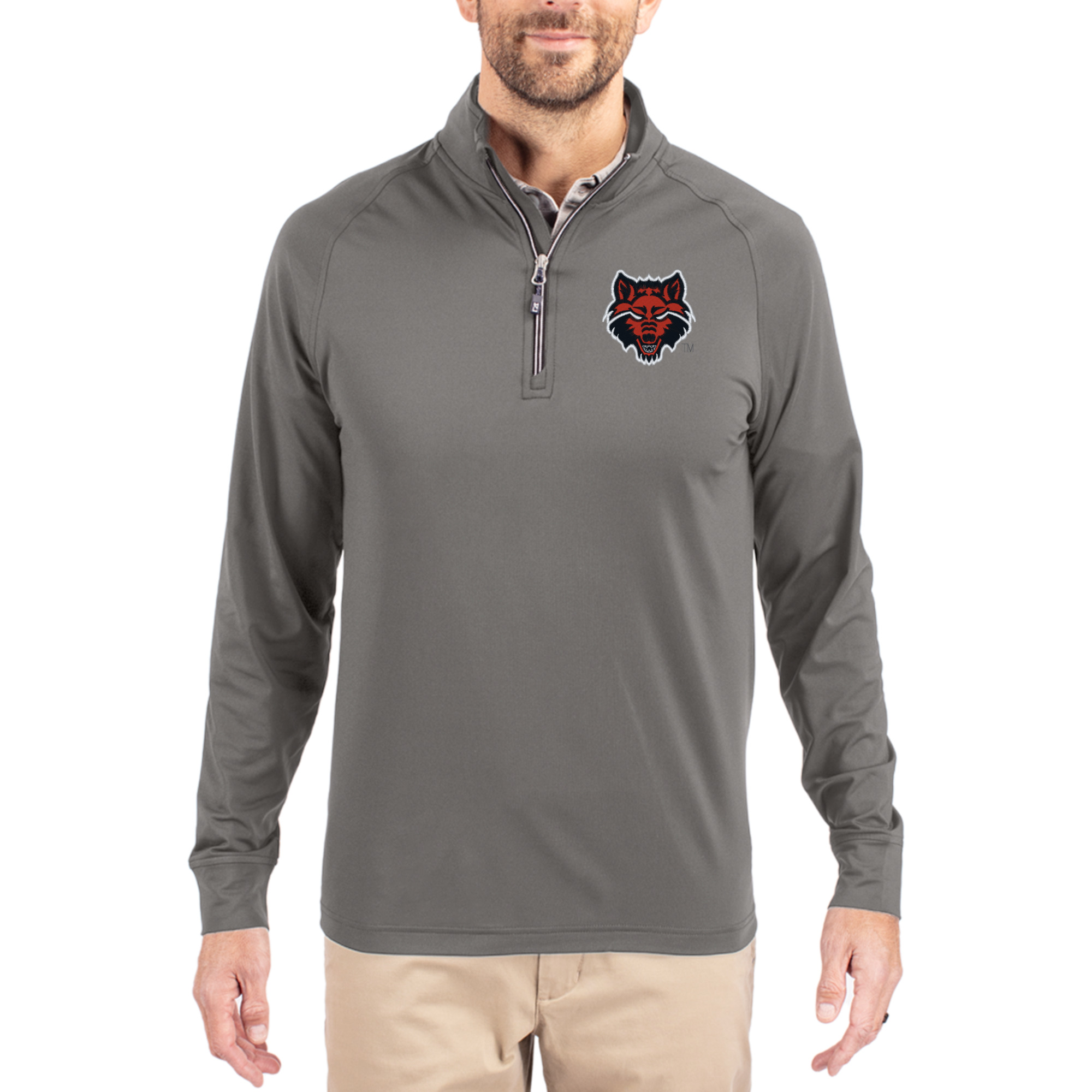 Men's Cutter & Buck Gray Arkansas State Red Wolves Primary Logo Adapt Eco Knit Stretch Raglan Quarter-Zip Pullover