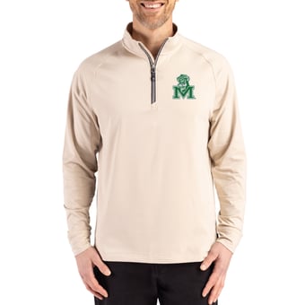 Men's Cutter & Buck Cream Marshall Thundering Herd Vault Logo Adapt Eco Knit Stretch Raglan Quarter-Zip Pullover