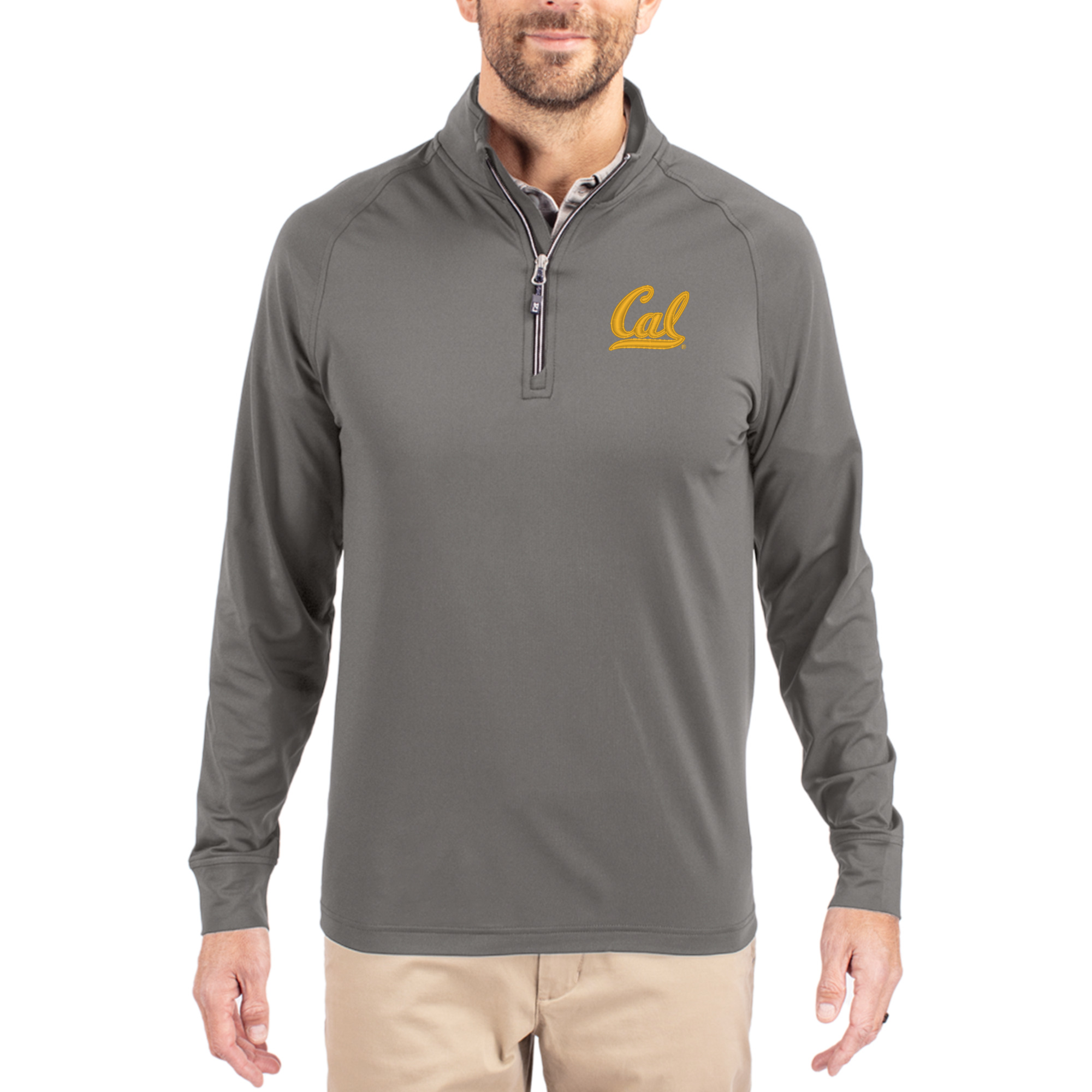 Men's Cutter & Buck Gray Cal Bears Primary Logo Adapt Eco Knit Stretch Raglan Quarter-Zip Pullover